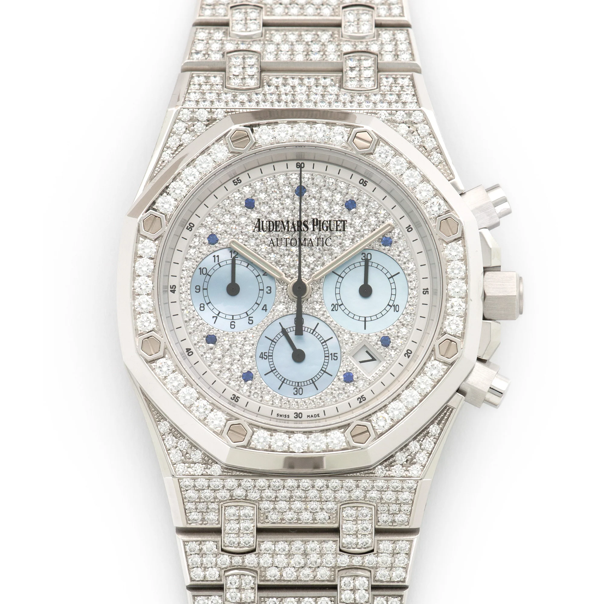 Audemars Piguet White Gold Pave Diamond Royal Oak Chrono Watch Ref. 25978