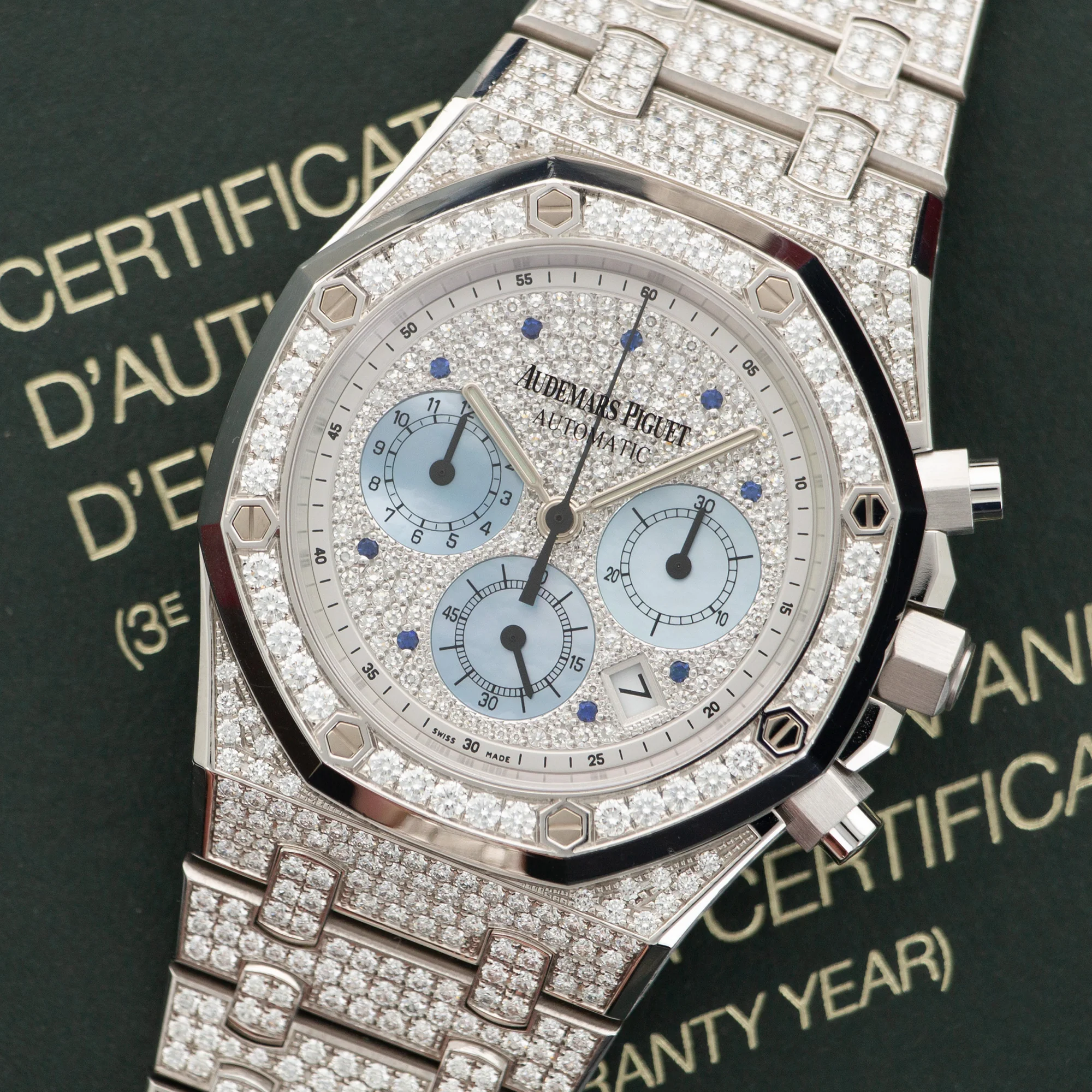 Audemars Piguet White Gold Pave Diamond Royal Oak Chrono Watch Ref. 25978 - Image 2