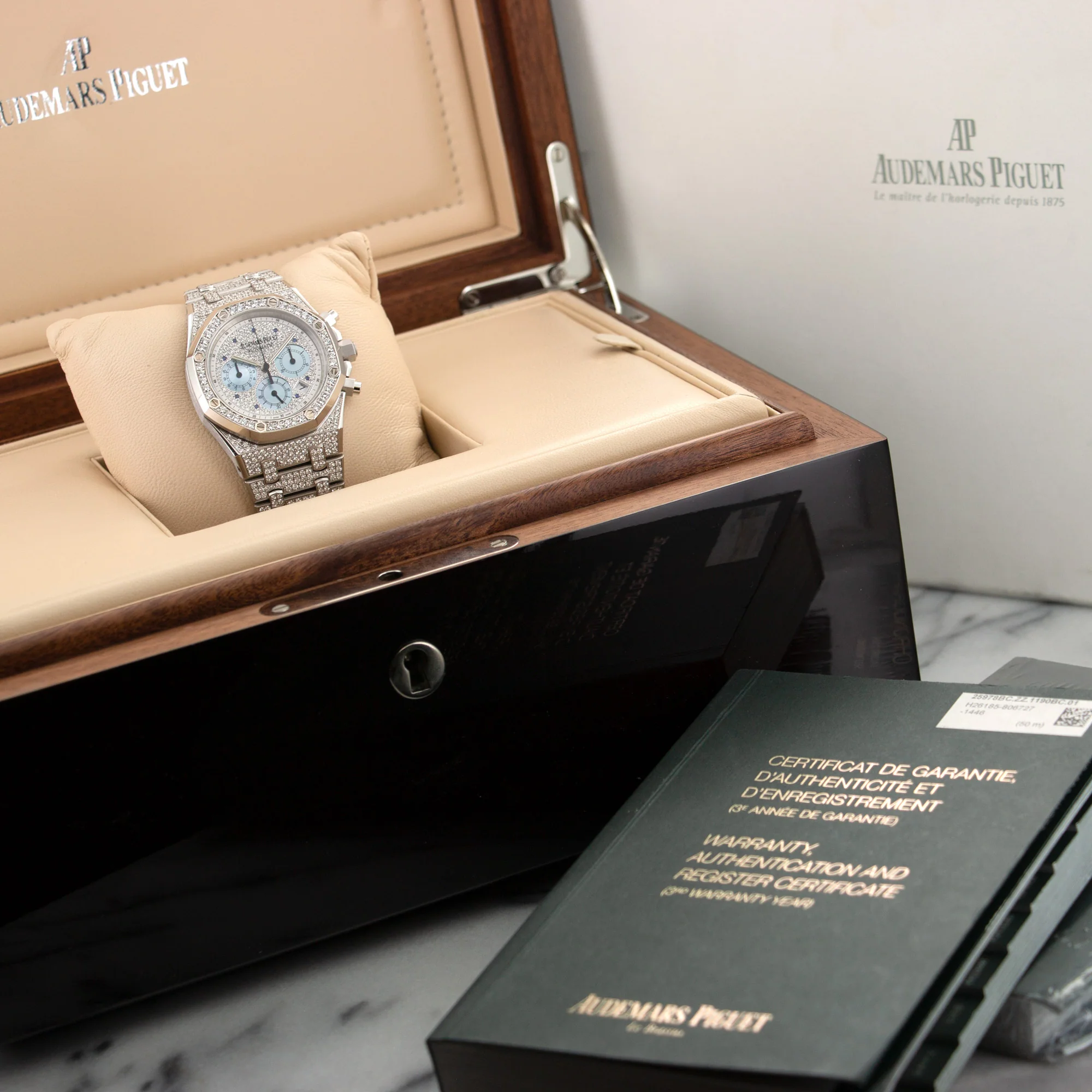 Audemars Piguet White Gold Pave Diamond Royal Oak Chrono Watch Ref. 25978 - Image 5