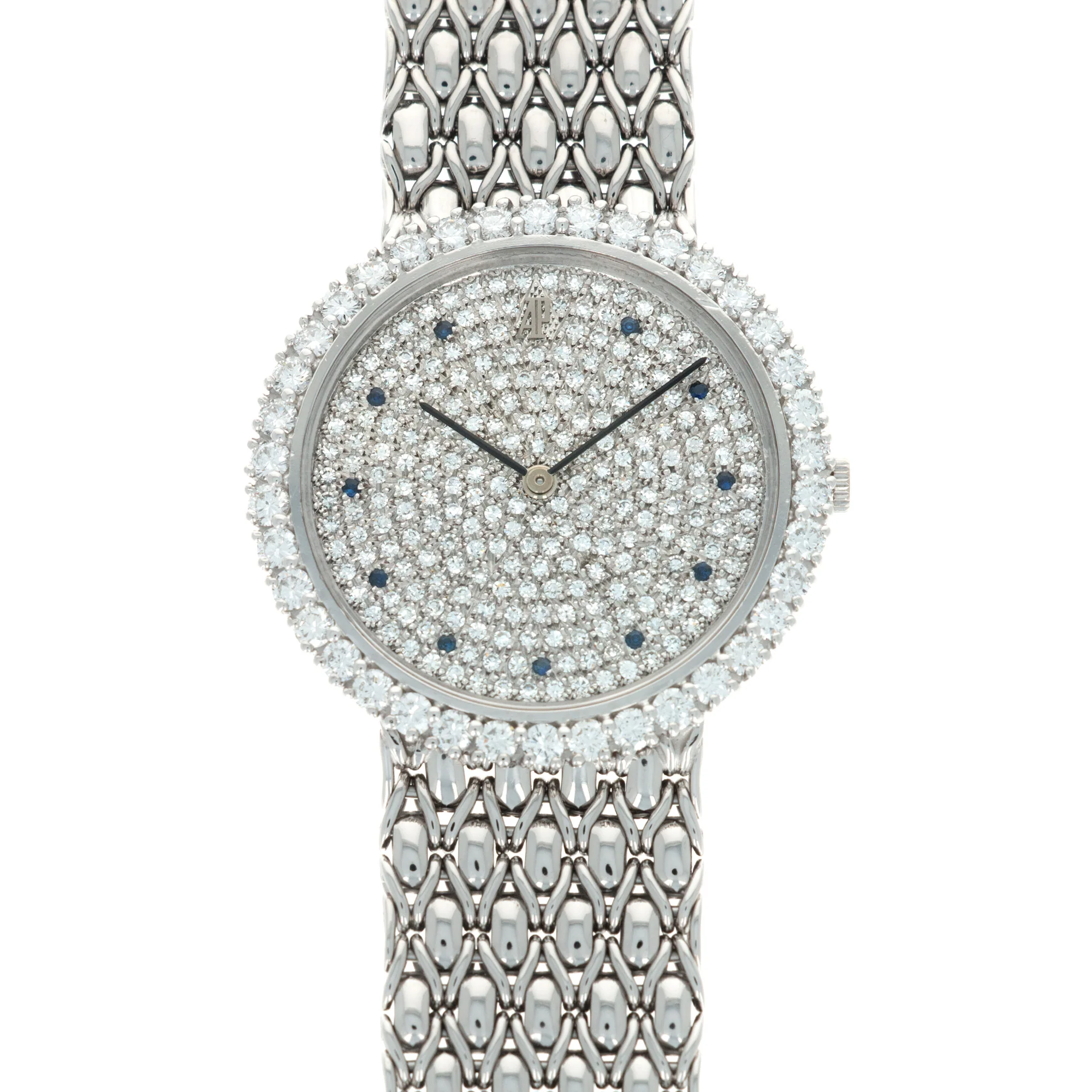 Audemars Piguet White Gold Round Watch with Pave Diamond and Sapphire Dial