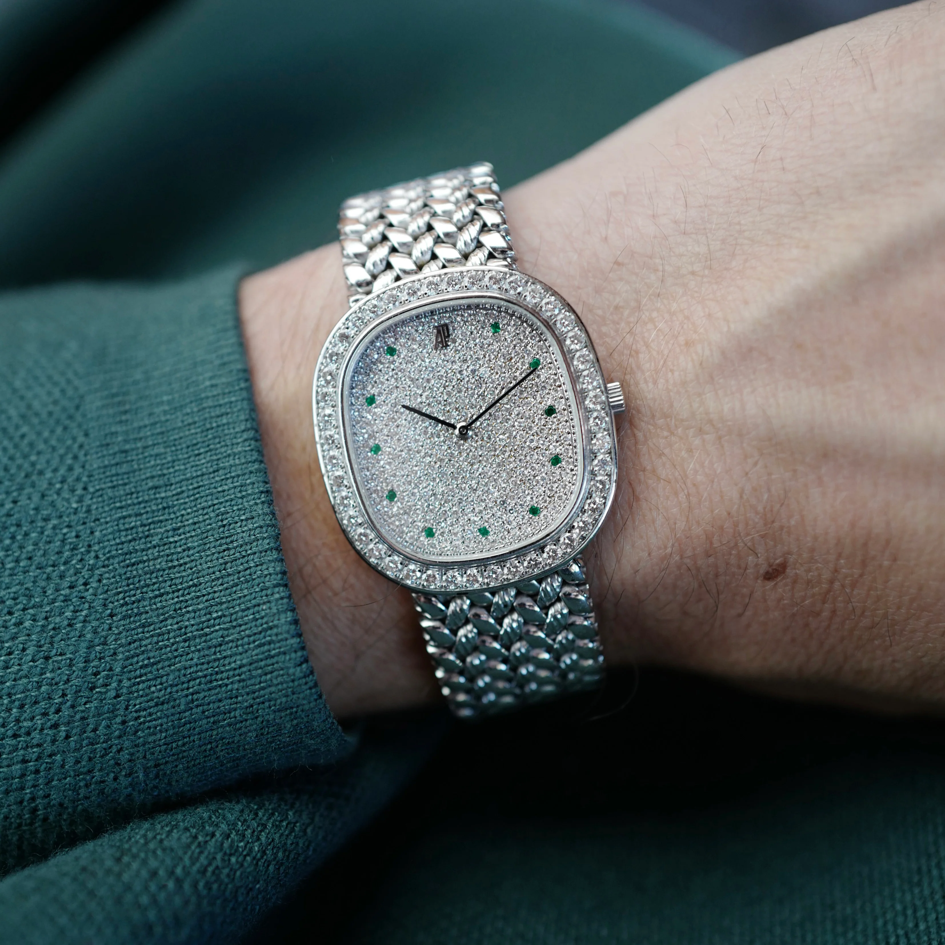 Audemars Piguet White Gold Watch with Pave Diamonds and Emeralds - Image 2