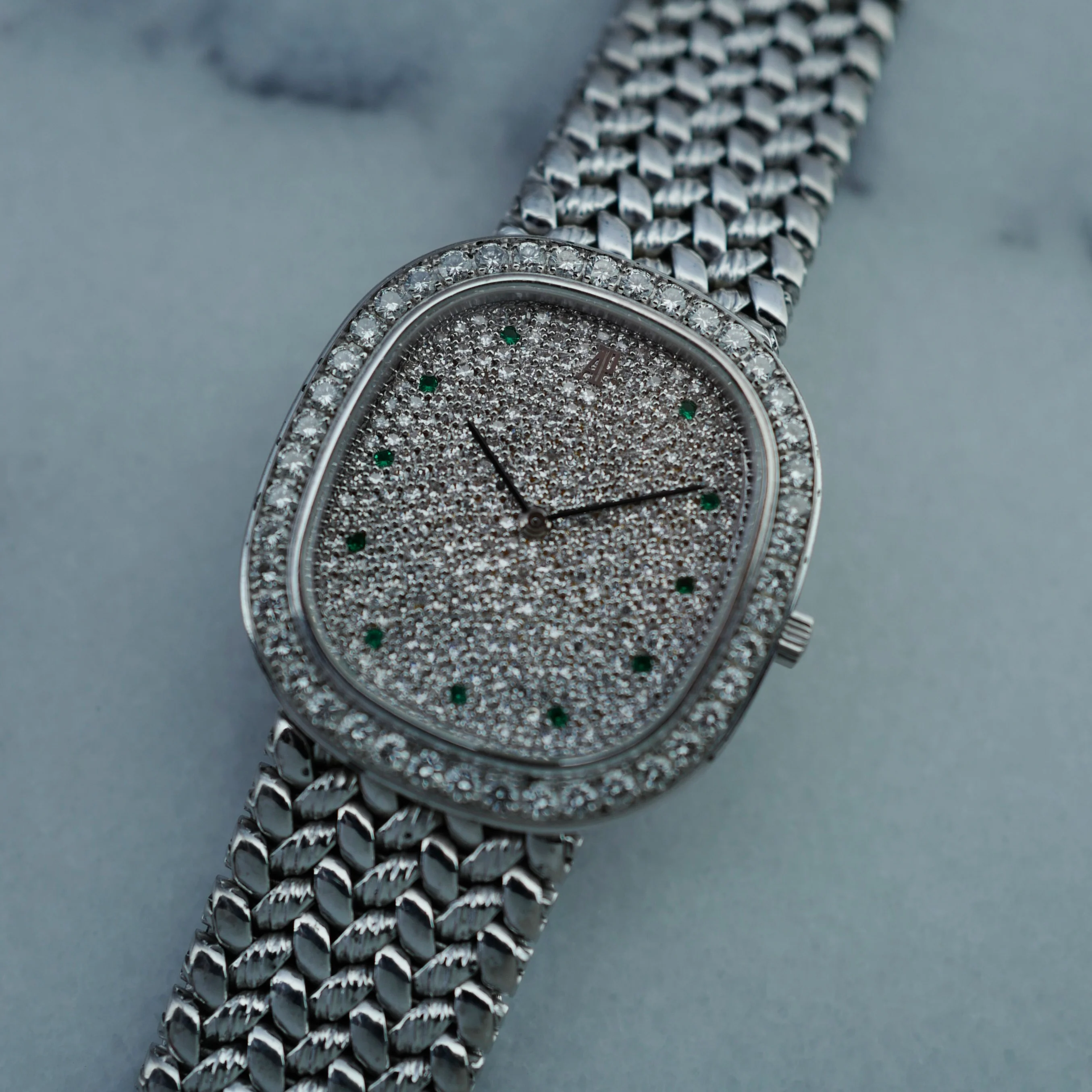 Audemars Piguet White Gold Watch with Pave Diamonds and Emeralds - Image 3