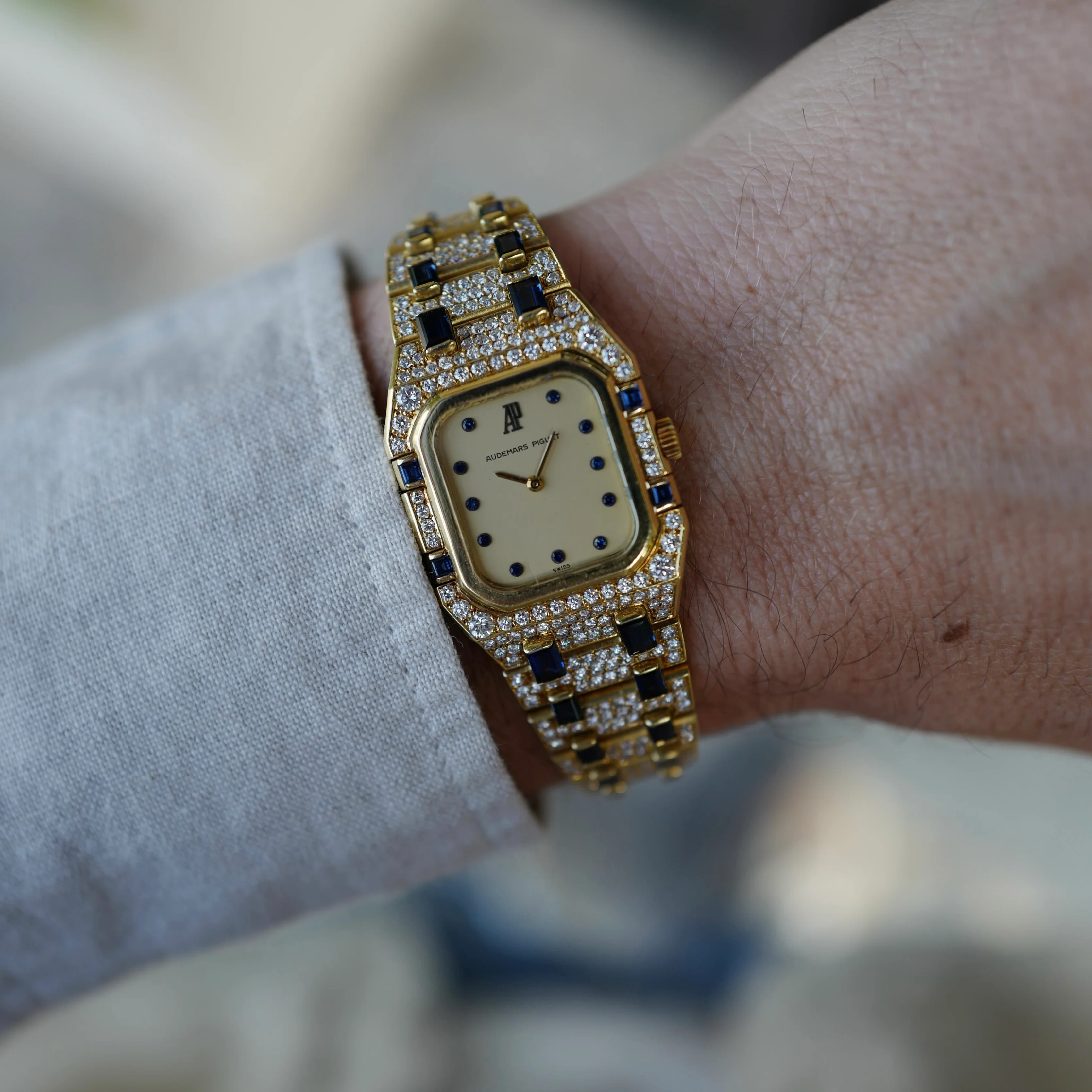 Audemars Piguet Yellow Gold Diamond & Sapphire Rectangular Royal Oak Watch - Image 3