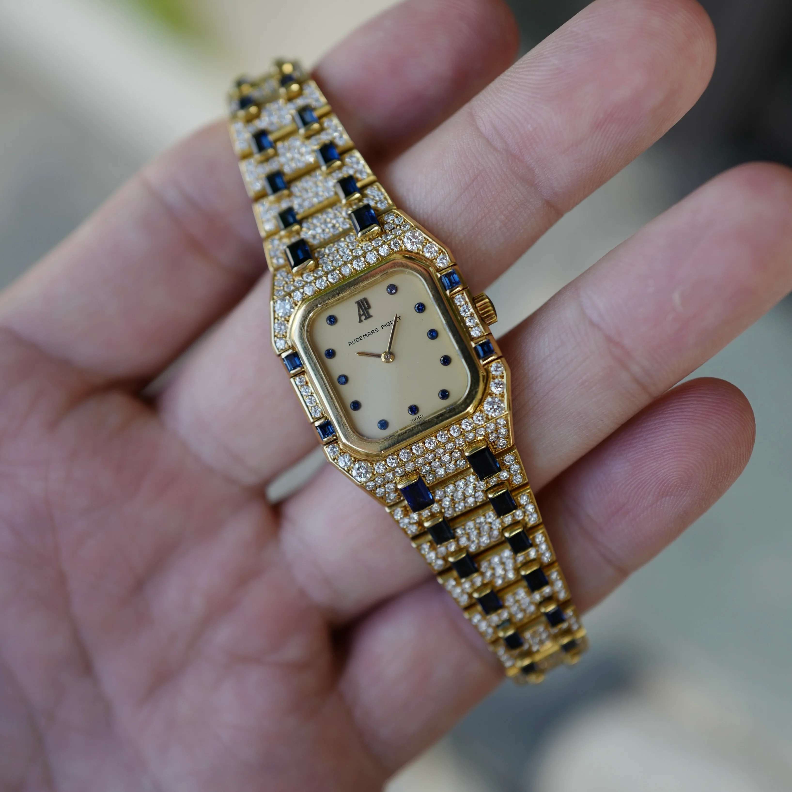 Audemars Piguet Yellow Gold Diamond & Sapphire Rectangular Royal Oak Watch - Image 4