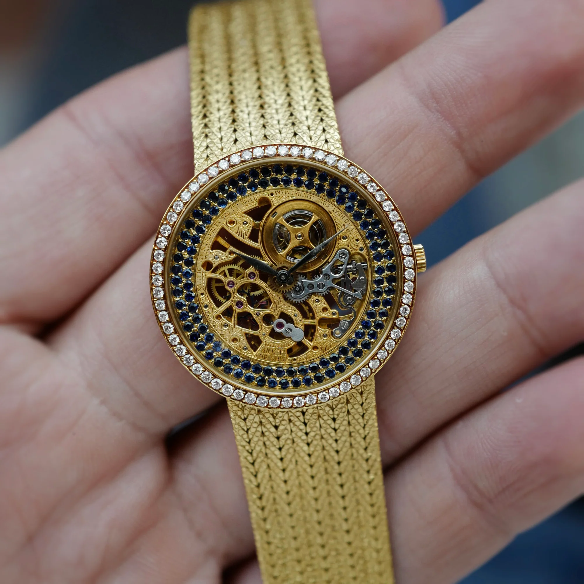 Audemars Piguet Yellow Gold Skeleton Watch with Diamonds and Sapphires - Image 4