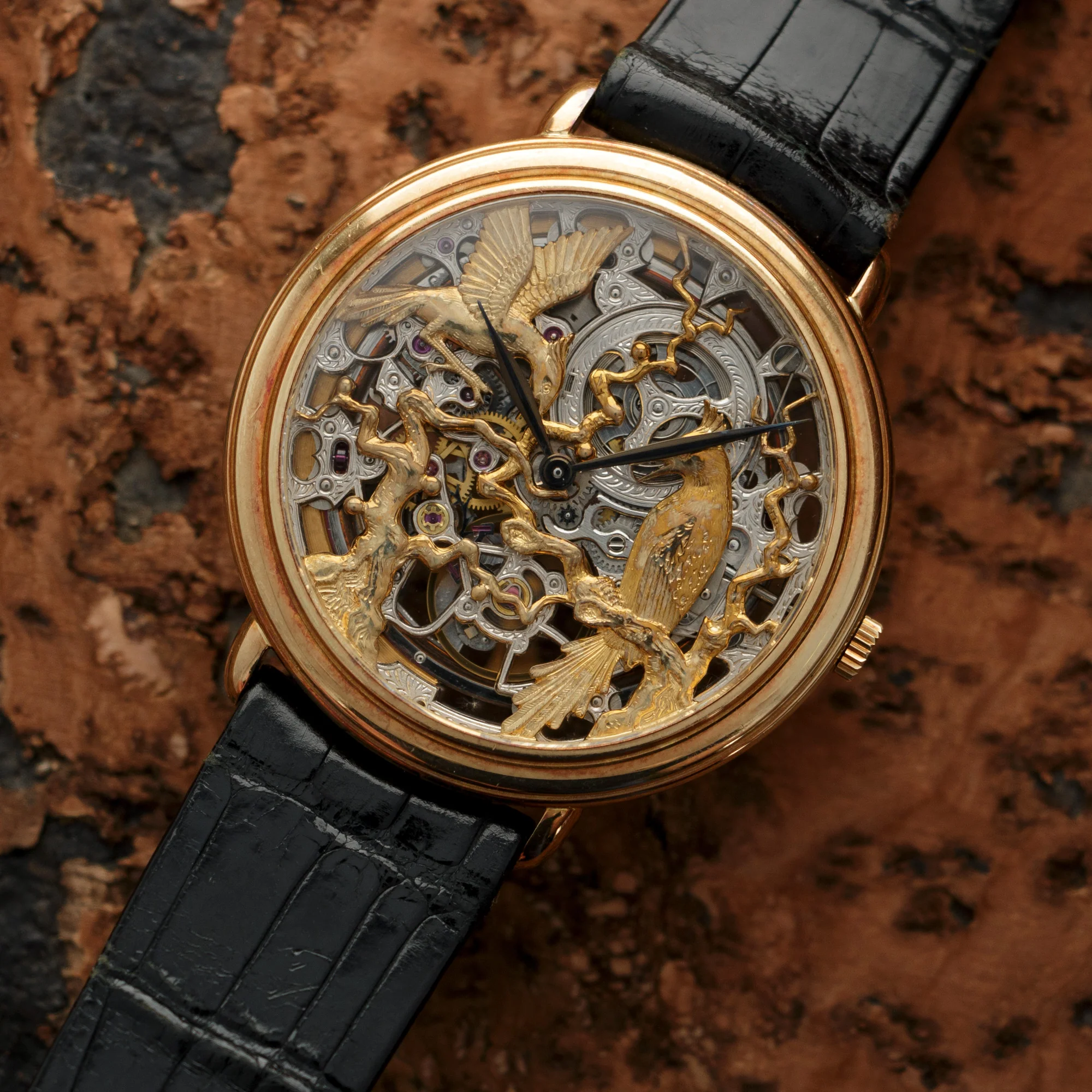 Audemars Piguet Yellow Gold Ultra Thin Skeletonized Watch with Ornate Bird Dial - Image 2