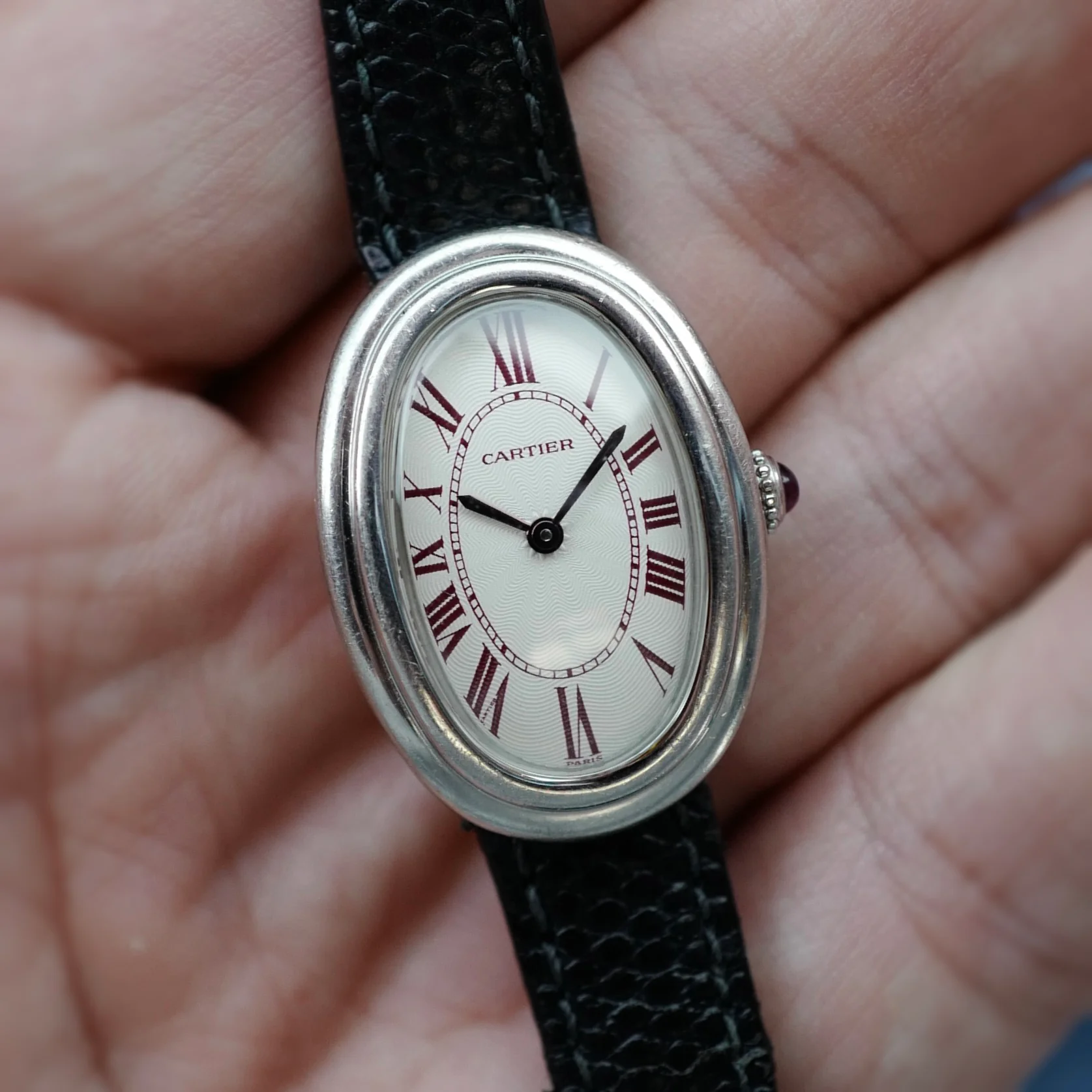 Cartier Platinum Baignoire Ref. 78094, Special Order with Burgundy Numerals, 1980s (New Arrival) - Image 6