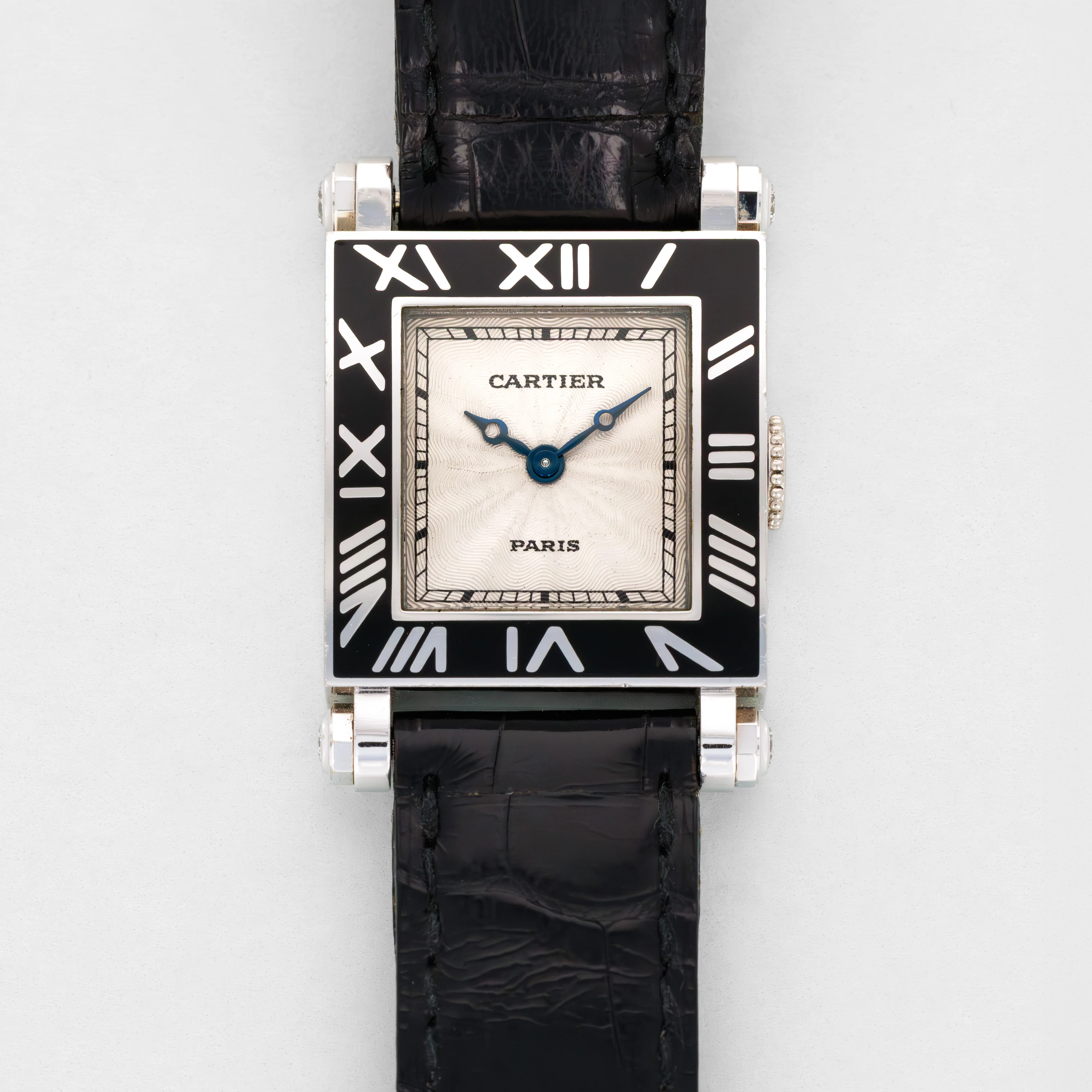 Cartier White Gold Rectangulaire a Pattes Vis Armurier Enamel Tank Watch