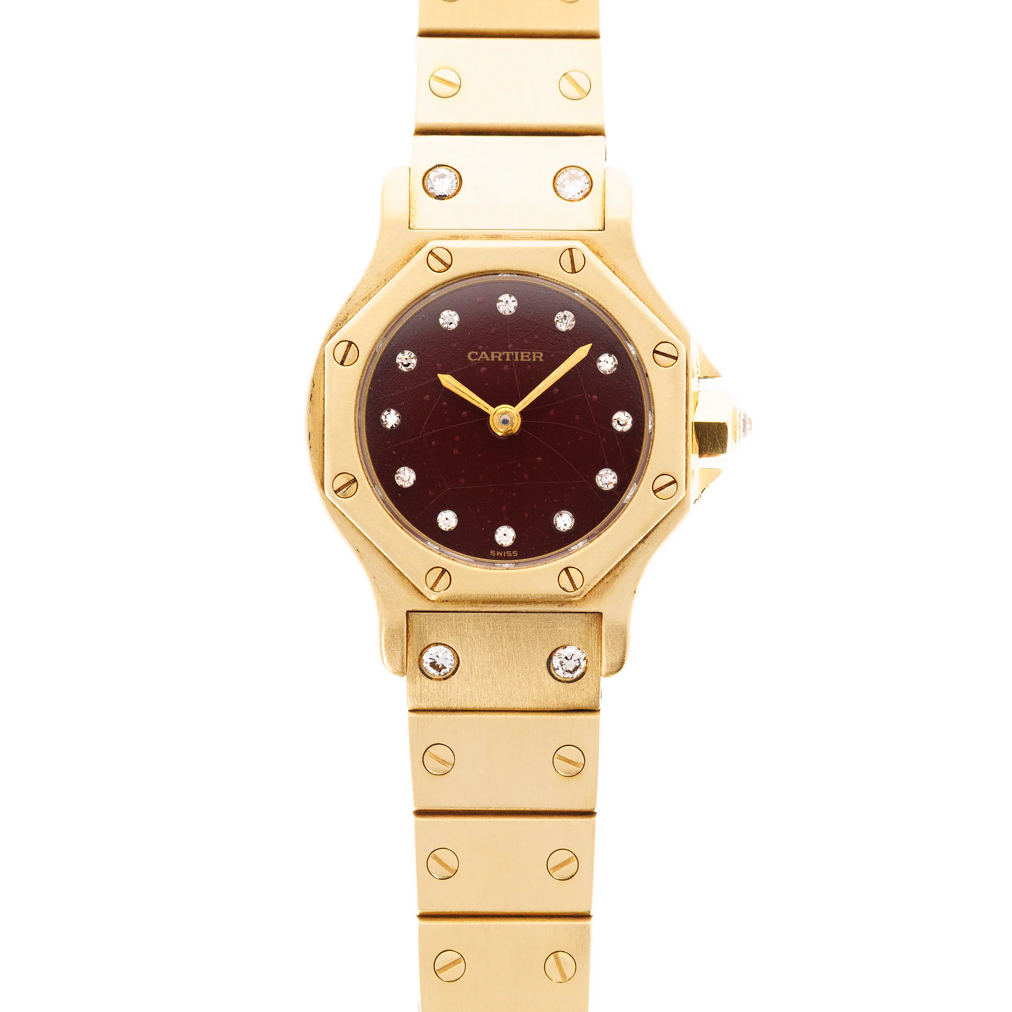 Cartier Yellow Gold Round Santos Ref. 0906 with Red Dial and Diamond Markers