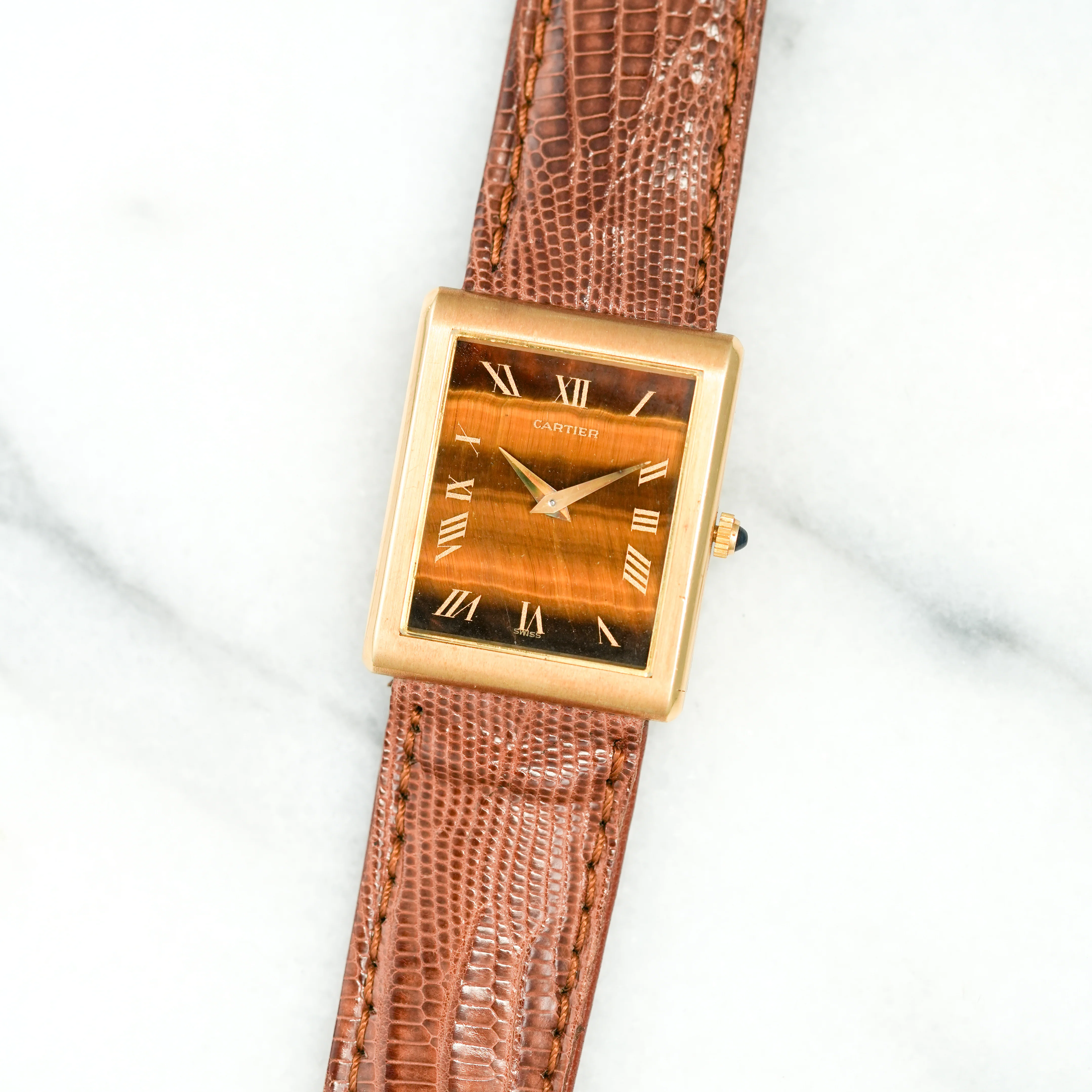 Cartier Yellow Gold Tigers Eye Tank Watch, by Piaget (New Arrival)