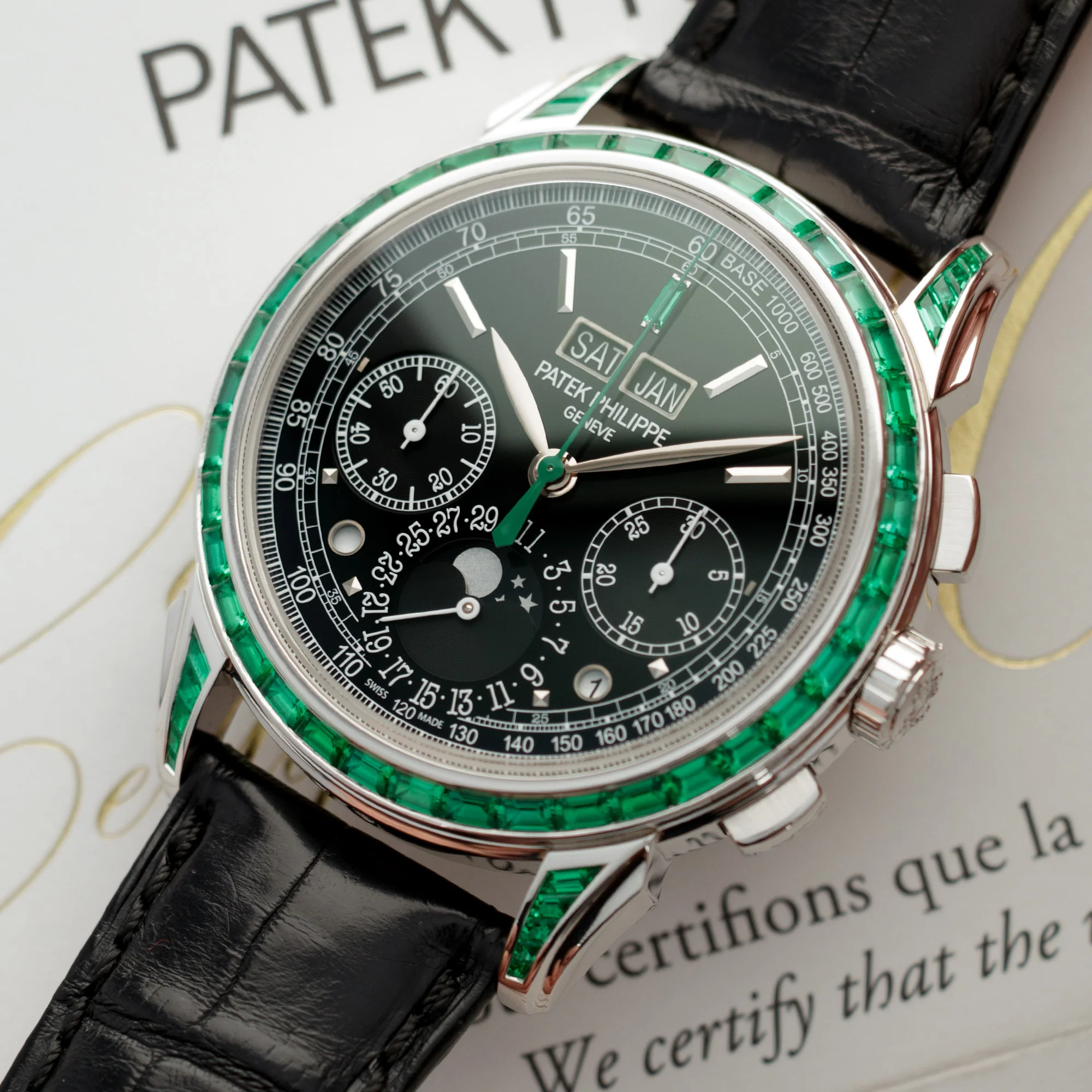 Patek Philippe Platinum and Emerald Perpetual Calendar Chronograph Watch Ref. 5271 - Image 2