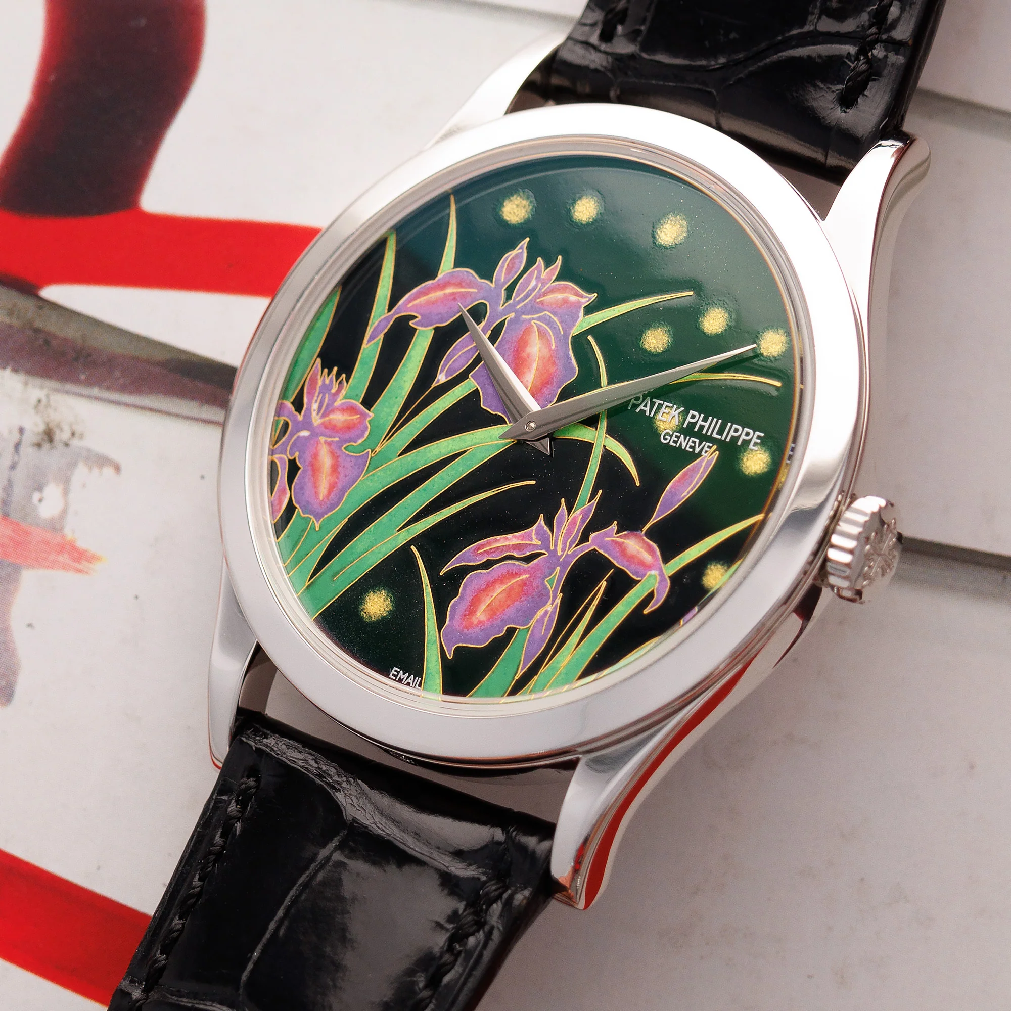 Patek Philippe Platinum Handcraft Watch Ref. 5077 with Enamel Iris and Night Fireflies - Image 2