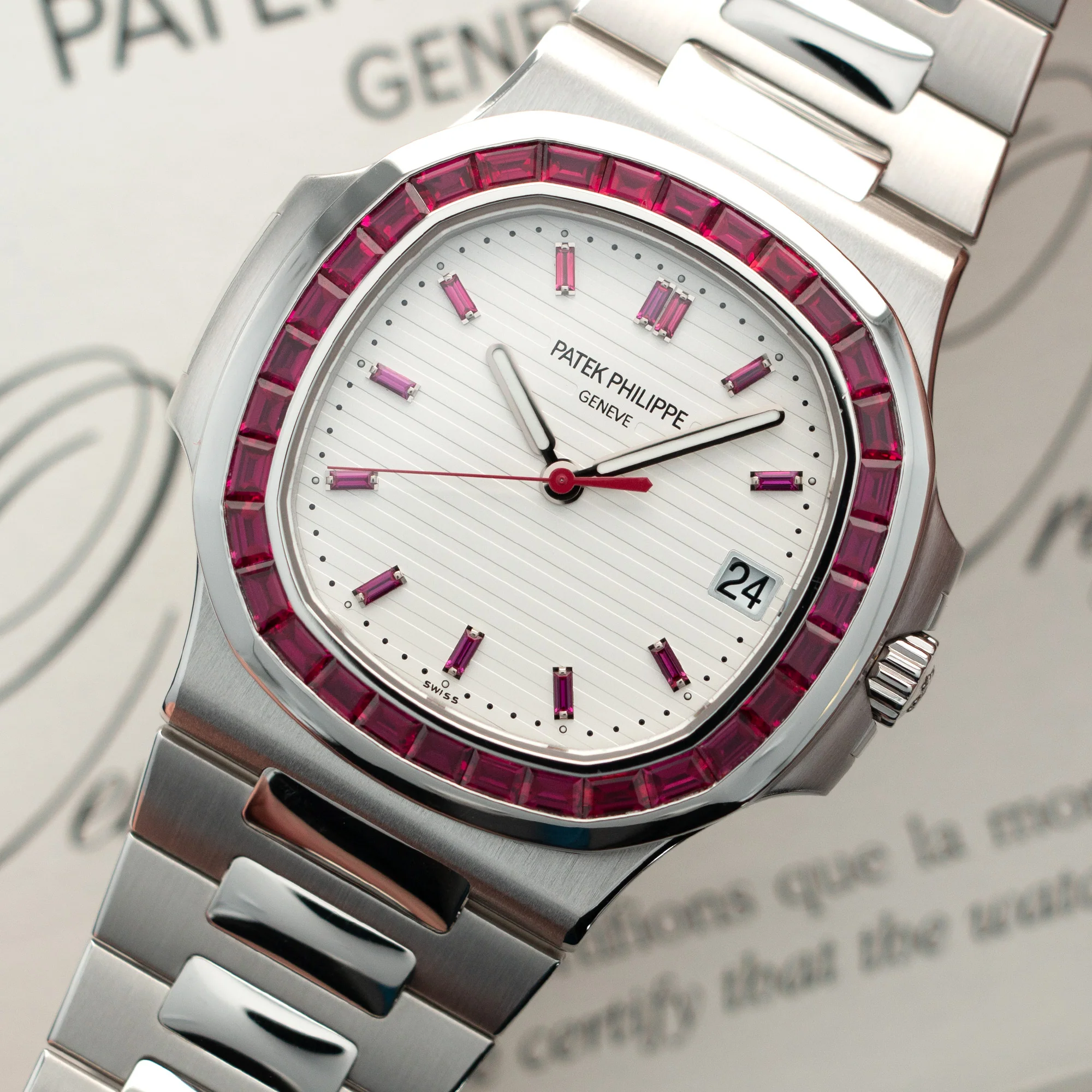 Patek Philippe Platinum Nautilus with Baguette Ruby Bezel Ref. 5711 - Image 2