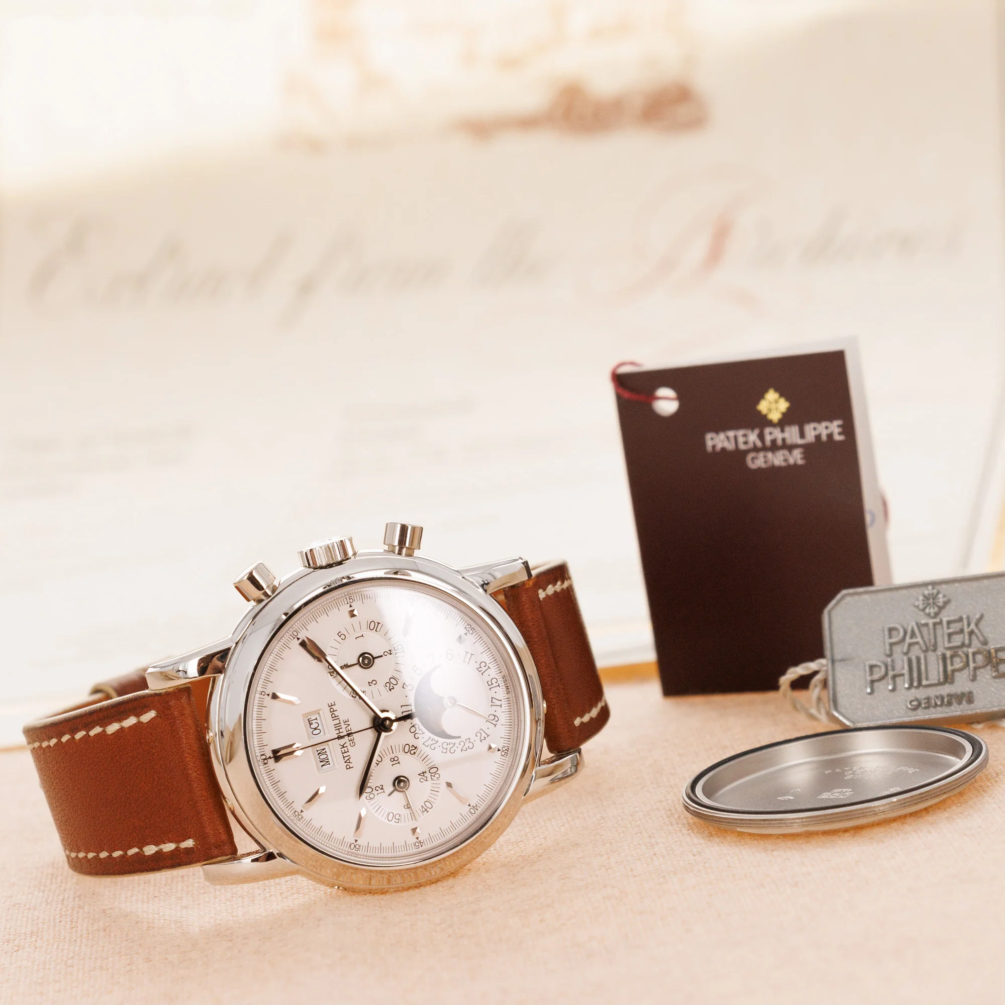 Patek Philippe Platinum Perpetual Calendar Chronograph Watch Ref. 3970 - Image 9