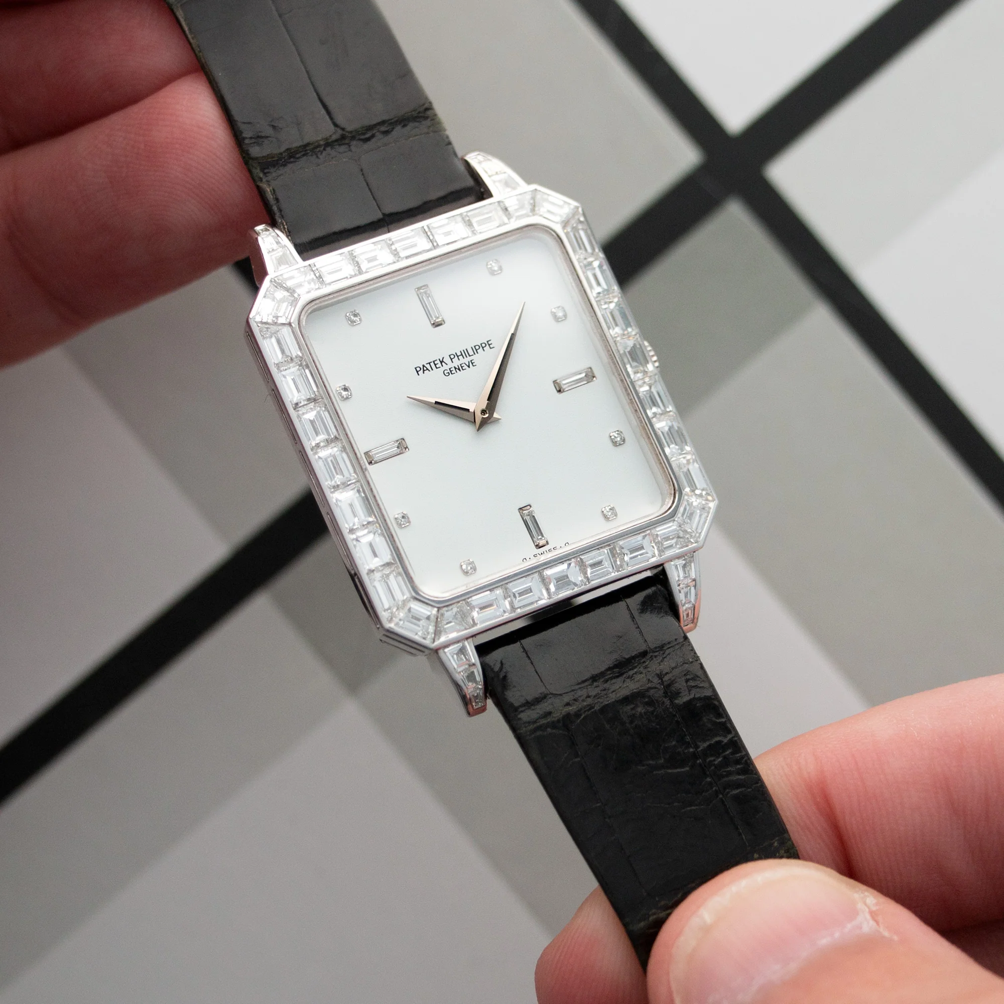Patek Philippe Rectangular Platinum & Baguette Diamond Watch Ref. 5007 - Image 3