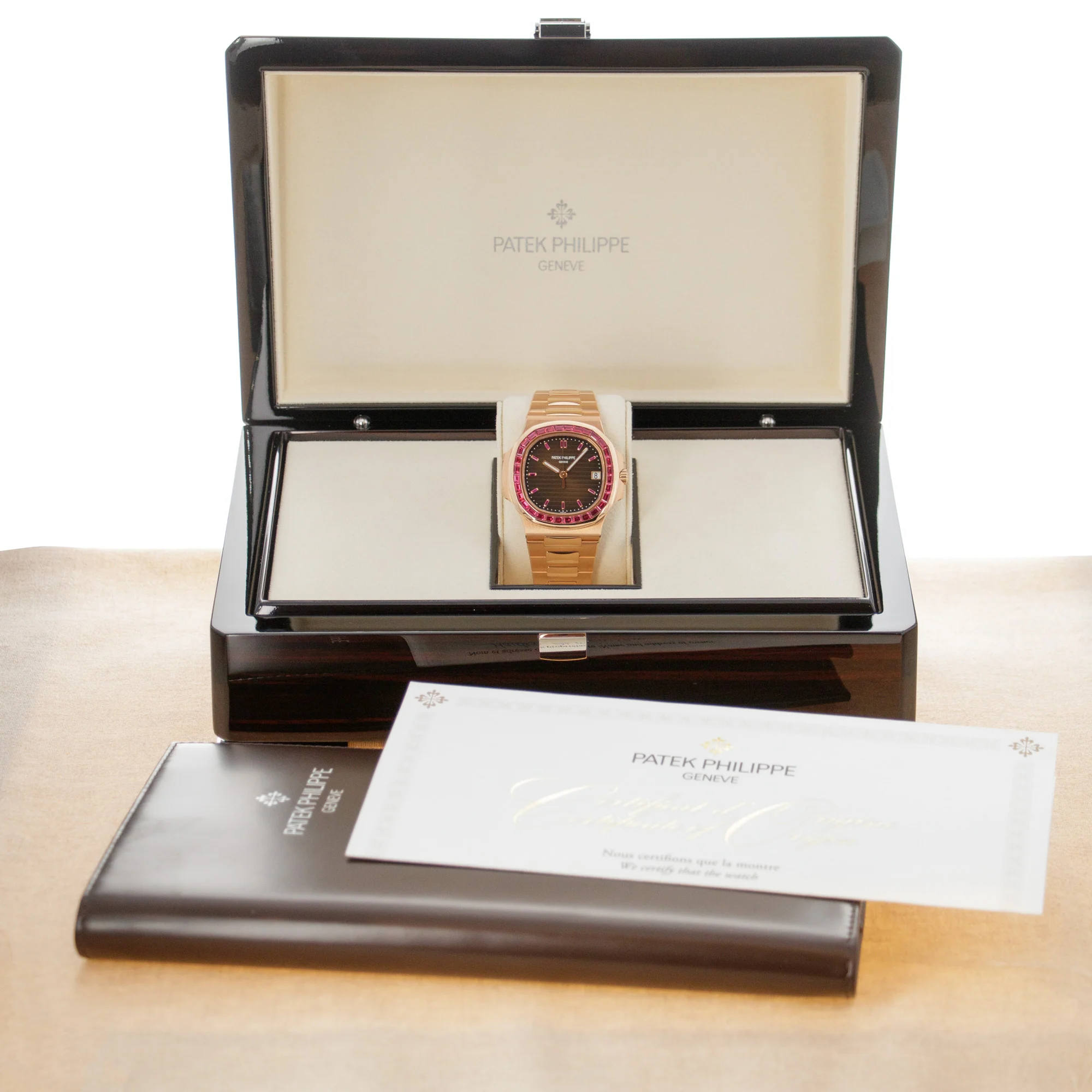 Patek Philippe Rose Gold Nautilus Watch Ref. 5723 with Factory Ruby Dial and Bezel - Image 8