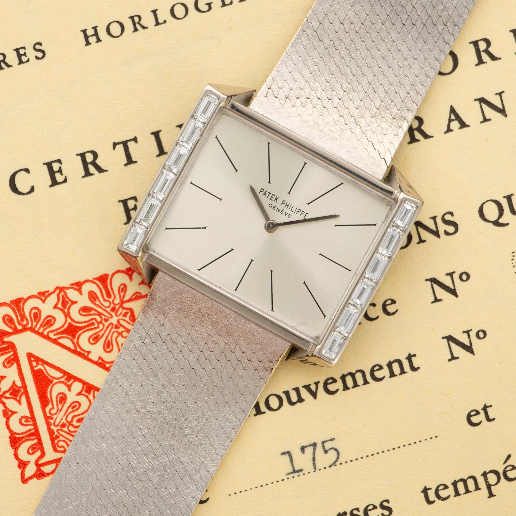 Patek Philippe White Gold Baguette Diamond Watch with Original Warranty Paper - Image 2