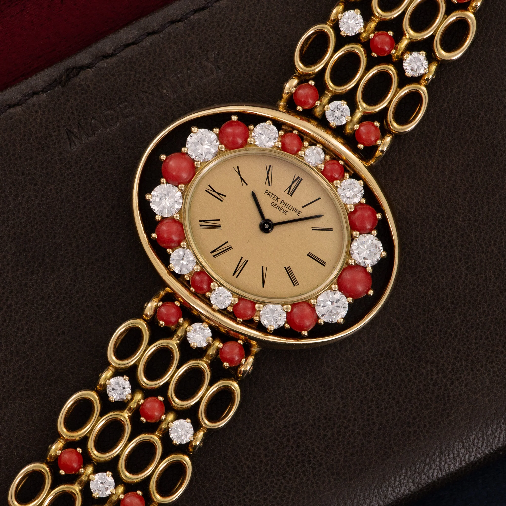 Patek Philippe Yellow Gold Diamond Coral Bracelet Watch Ref. 4195/1 - Image 2