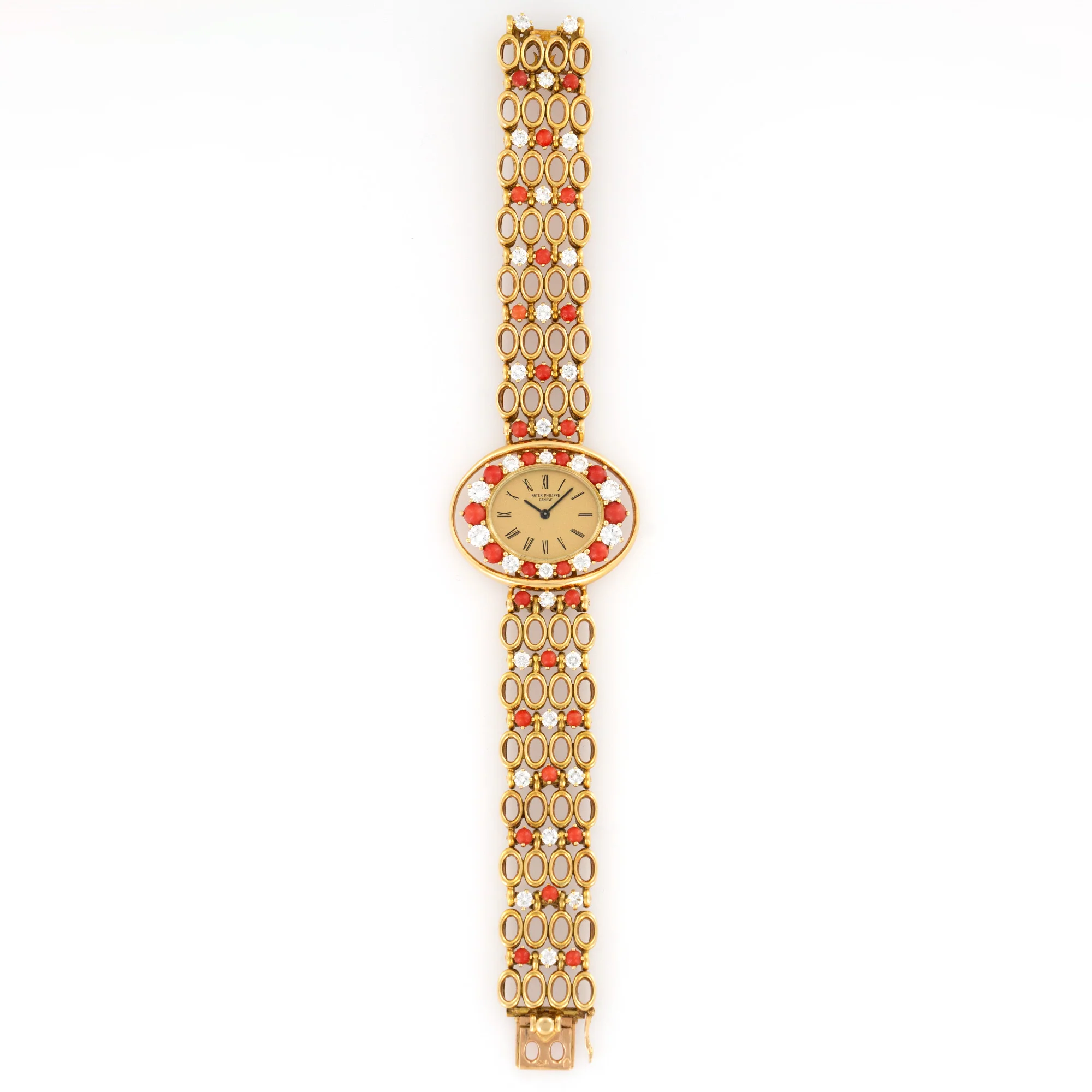 Patek Philippe Yellow Gold Diamond Coral Bracelet Watch Ref. 4195/1 - Image 3