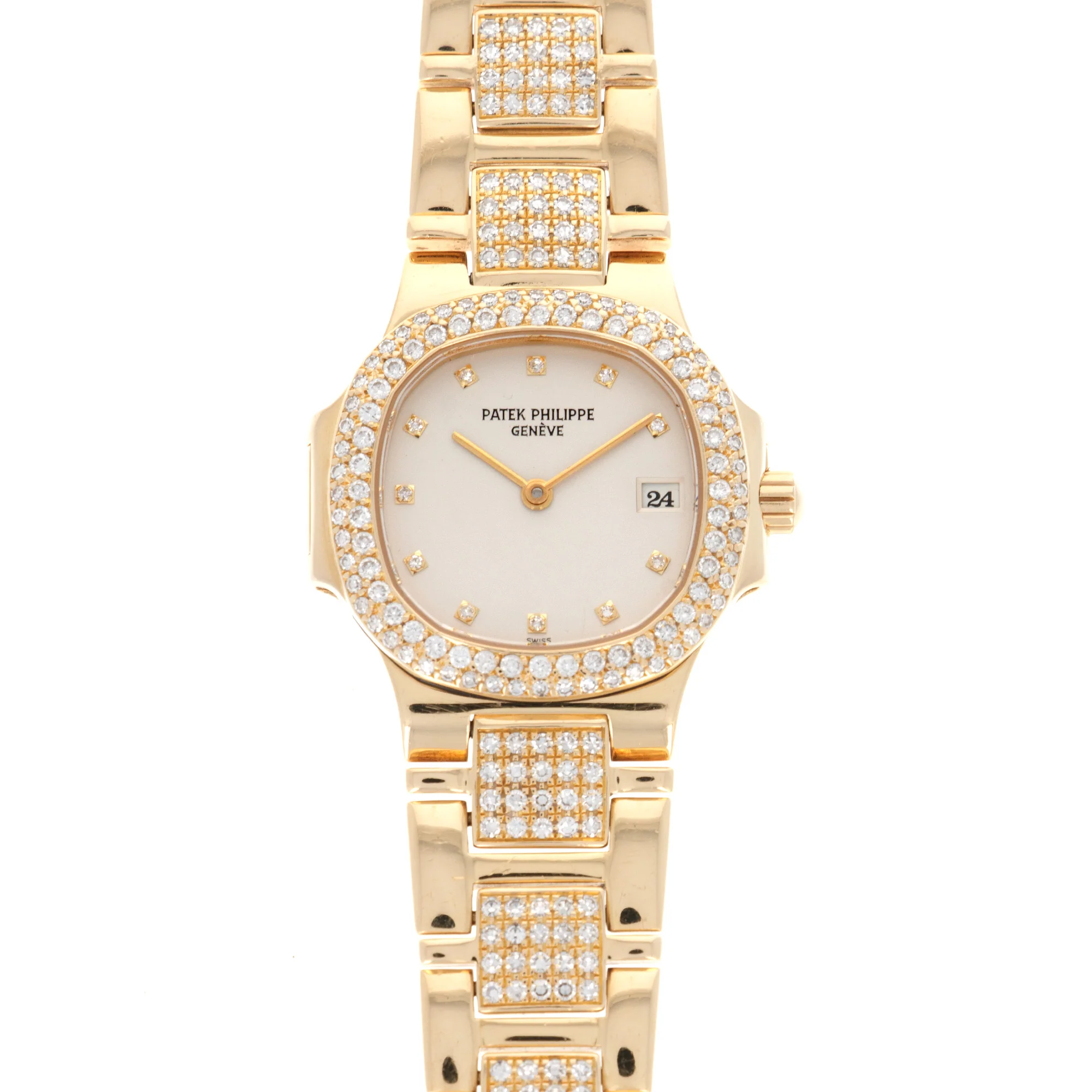 Patek Philippe Yellow Gold Nautilus Diamond Watch with Original Box and Papers