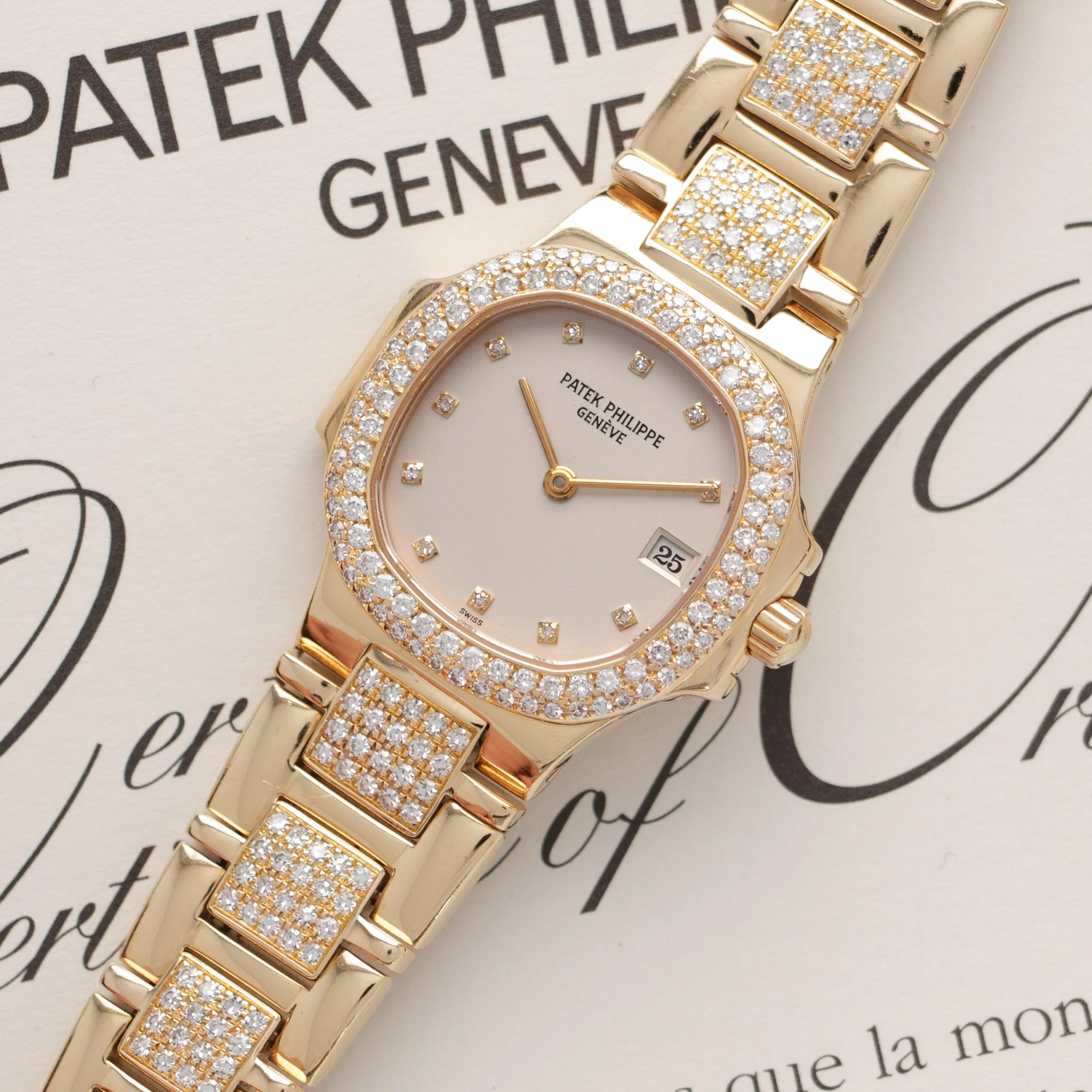 Patek Philippe Yellow Gold Nautilus Diamond Watch with Original Box and Papers - Image 2