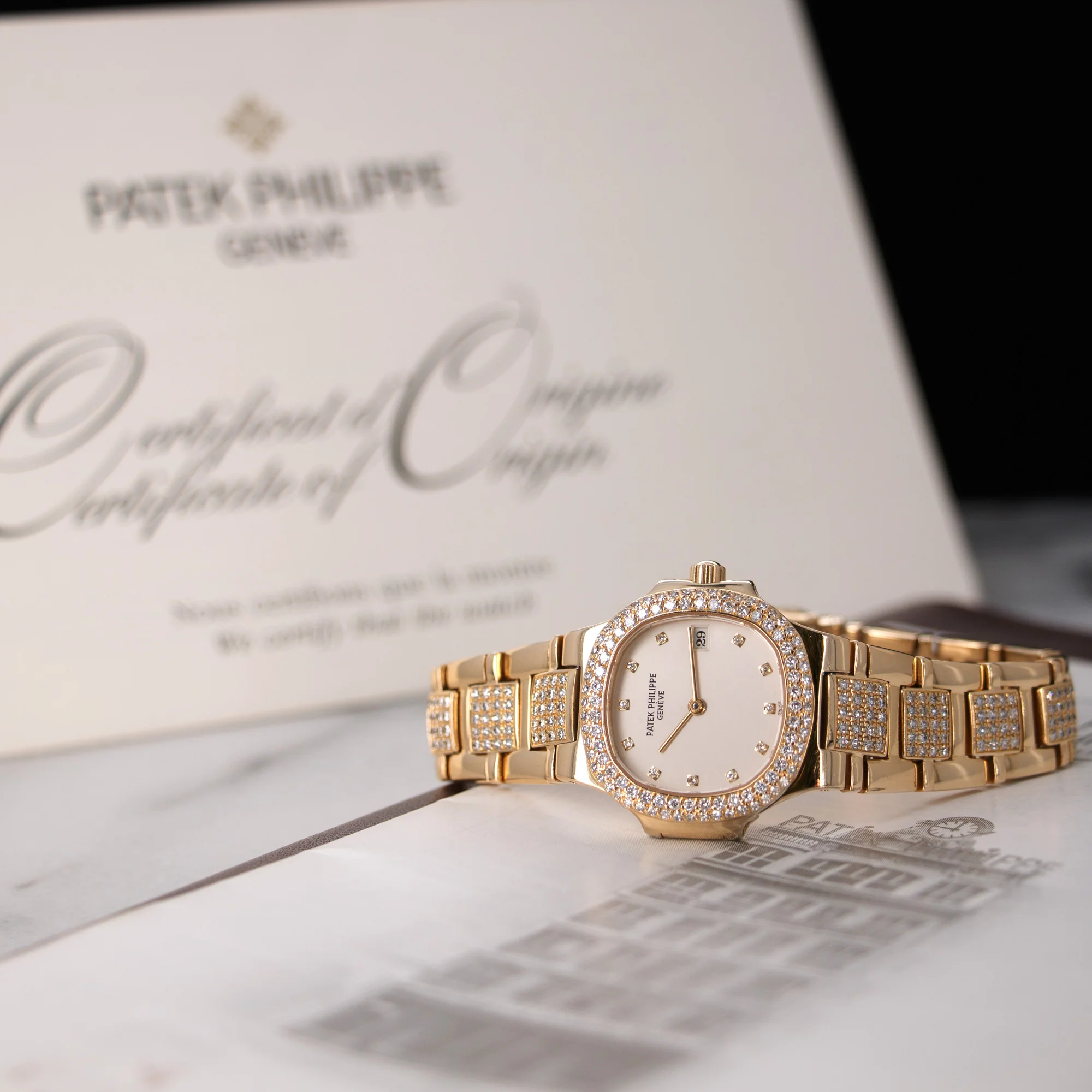 Patek Philippe Yellow Gold Nautilus Diamond Watch with Original Box and Papers - Image 5