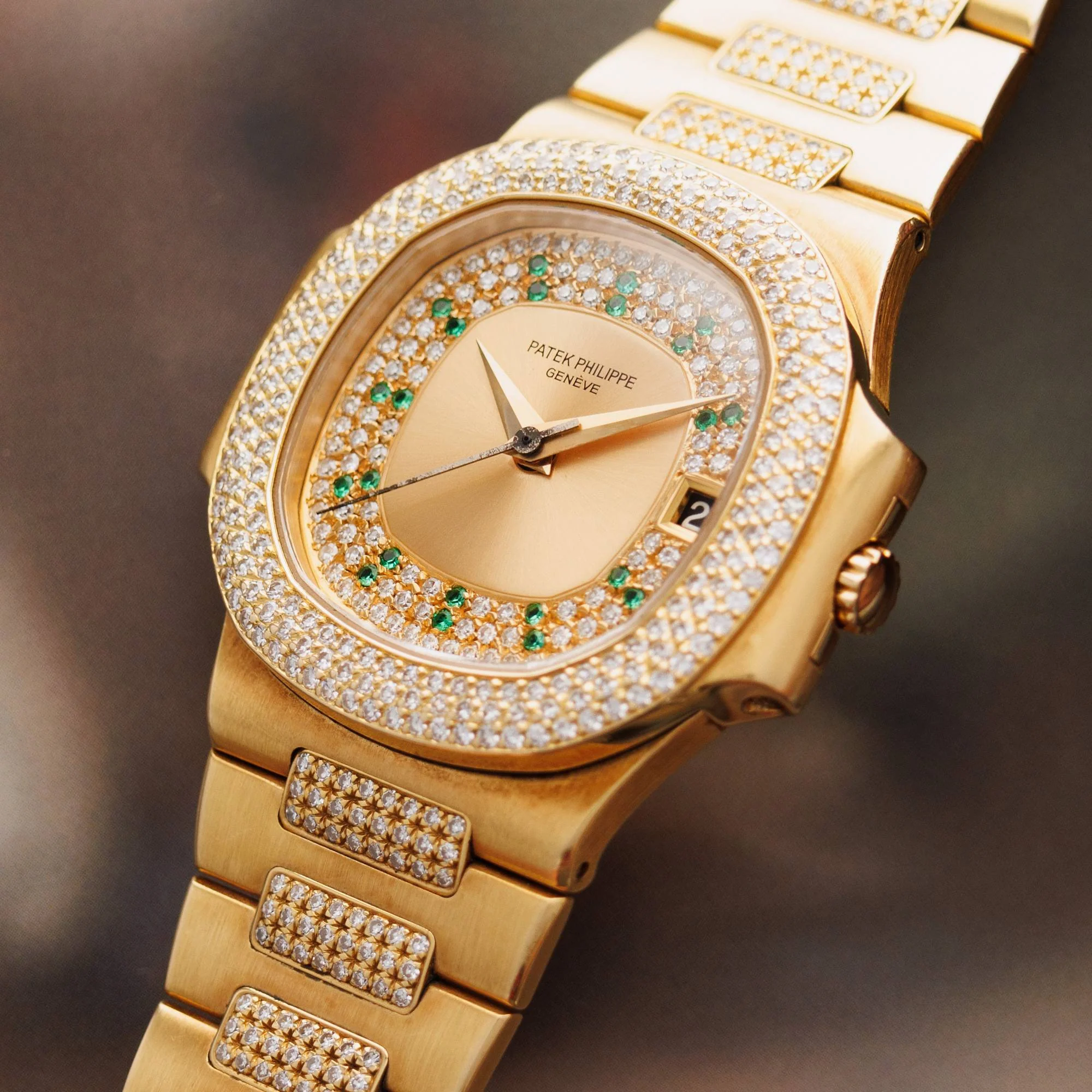 Patek Philippe Yellow Gold Nautilus Ref. 3800/105 with Pave Diamond and Emerald - Image 2