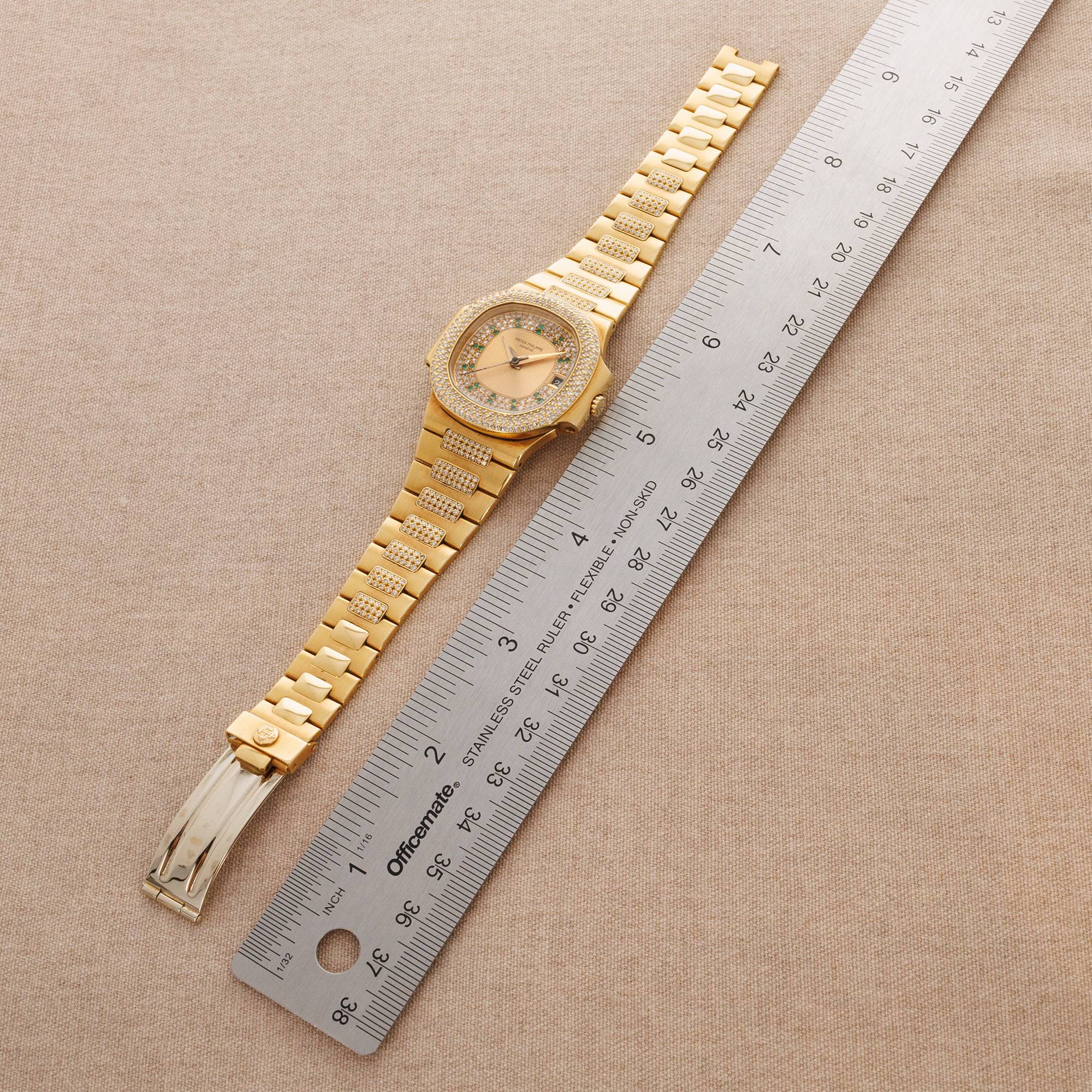 Patek Philippe Yellow Gold Nautilus Ref. 3800/105 with Pave Diamond and Emerald - Image 5