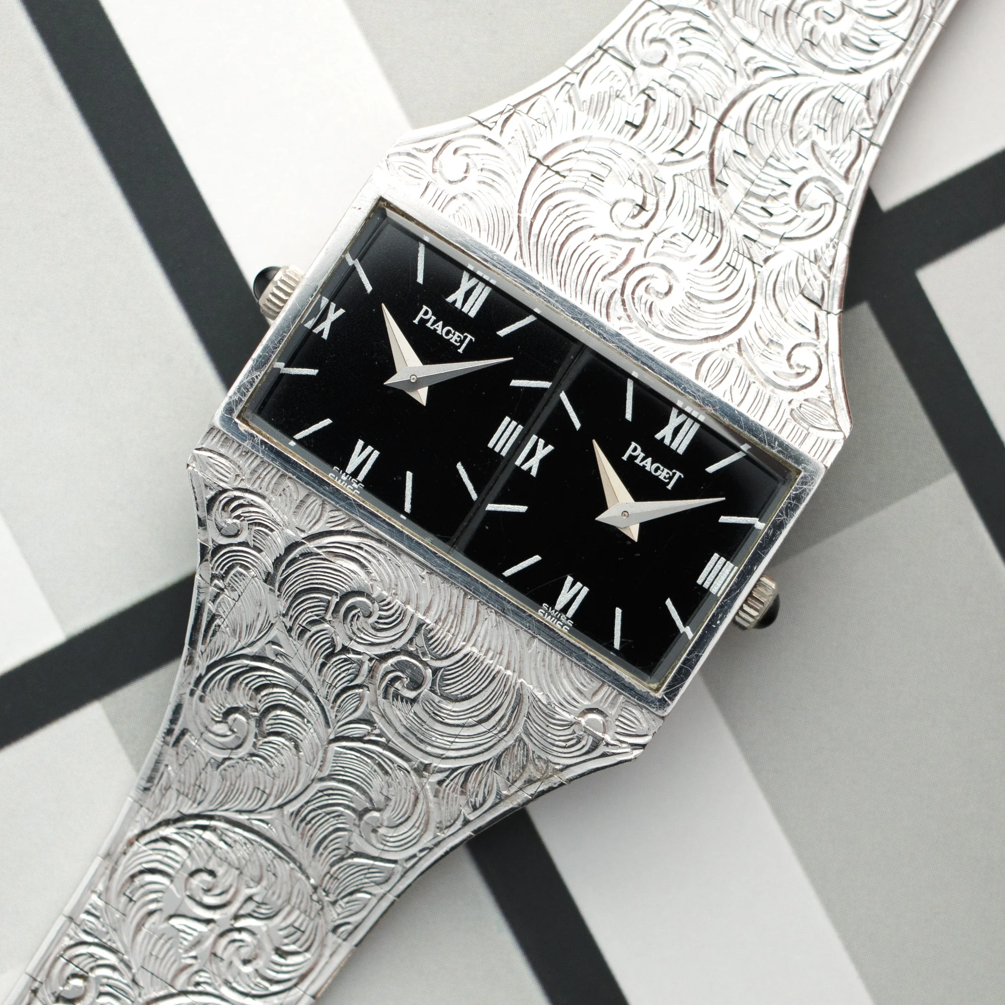 Piaget White Gold Dual Time Hand Engraved Watch - Image 2