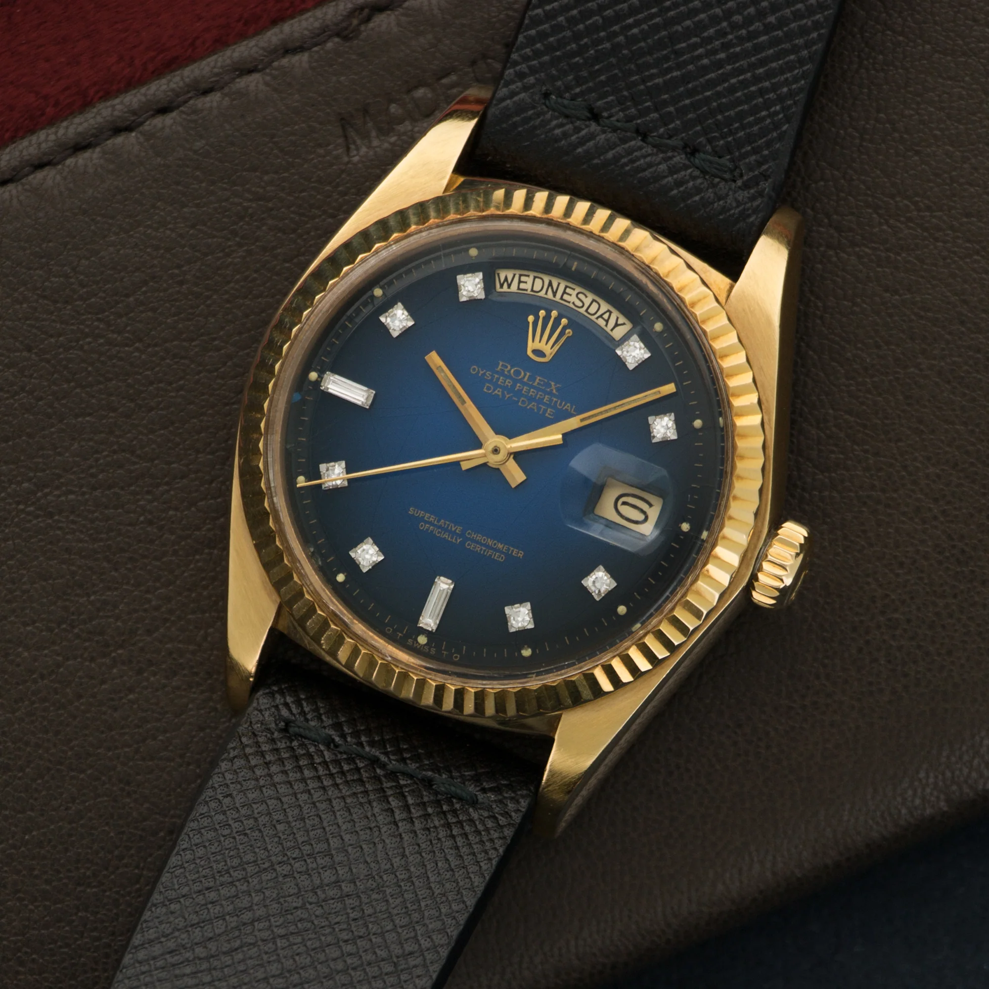 Rolex Day-Date Yellow Gold with Blue Vignette and Diamond Dial on Strap - Image 2