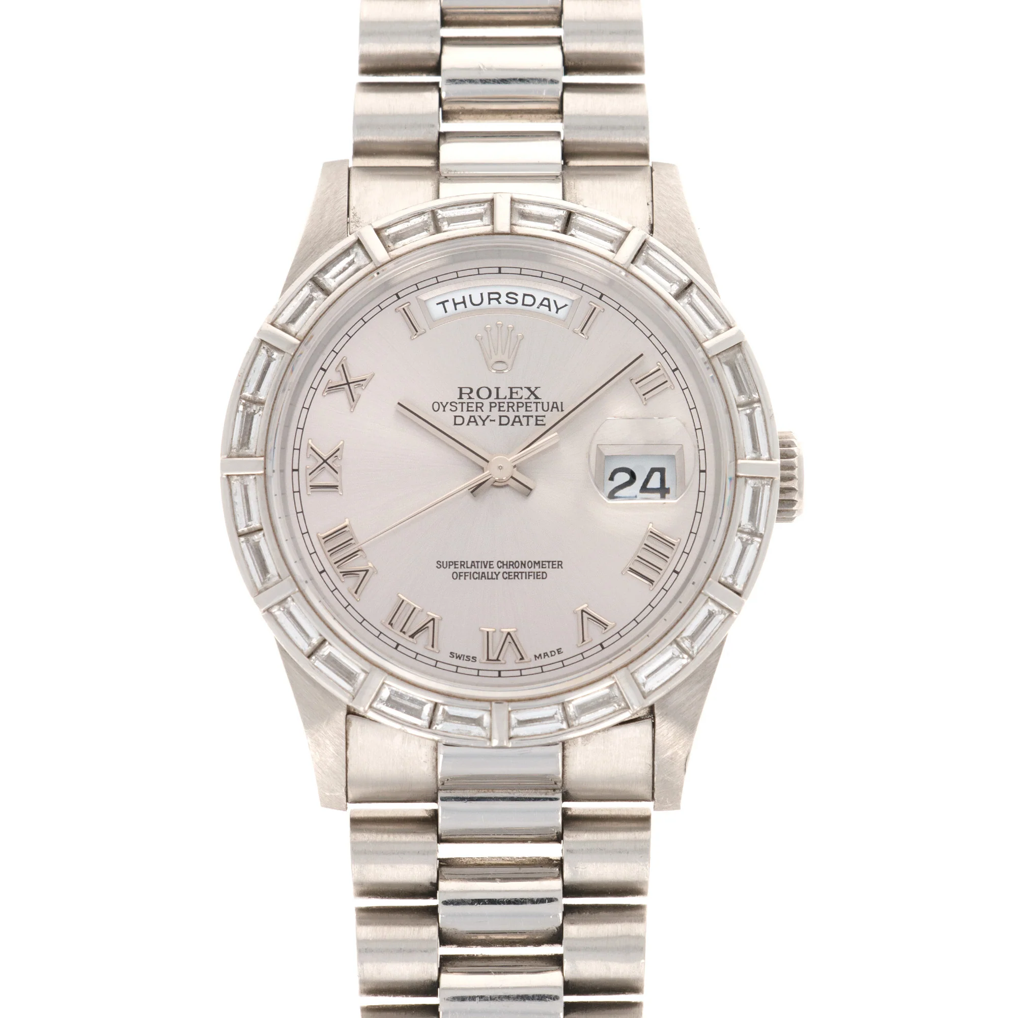 Rolex Platinum Day-Date Baguette Diamond Bezel Ref. 18366