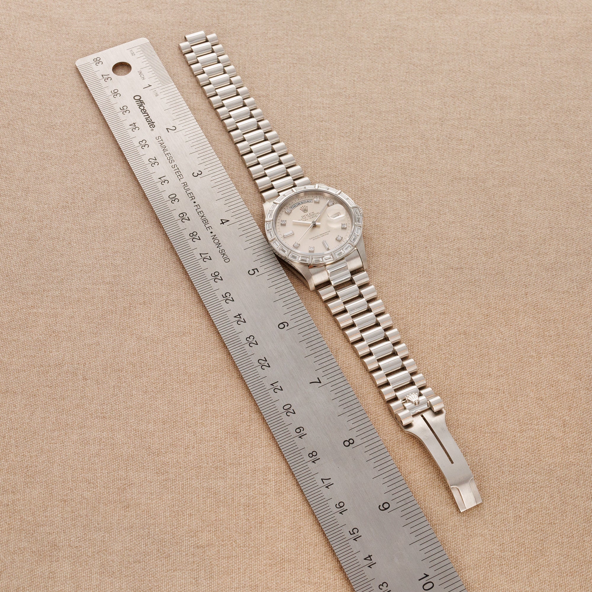 Rolex Platinum Day-Date Baguette Diamond Watch Ref. 18366 with Bucherer Warranty - Image 4