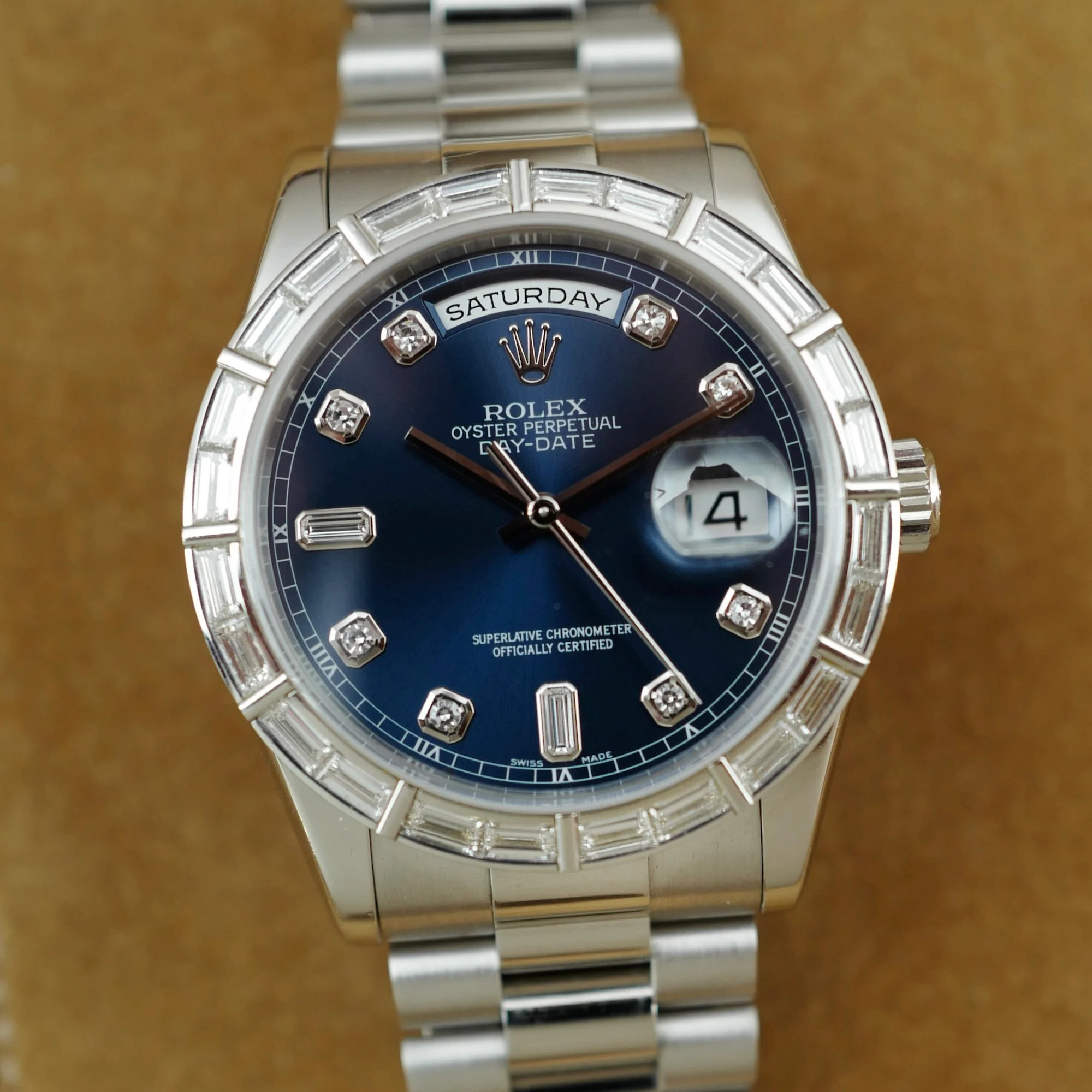 Rolex Platinum Day-Date Ref. 118366A with Blue Dial and Factory Baguette Bezel - Image 2