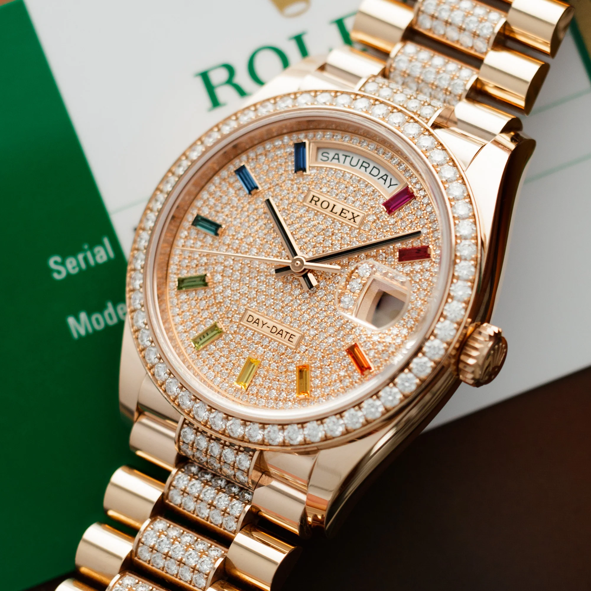 Rolex Rose Gold Day-Date Rainbow Diamond Watch Ref. 128345 - Image 2