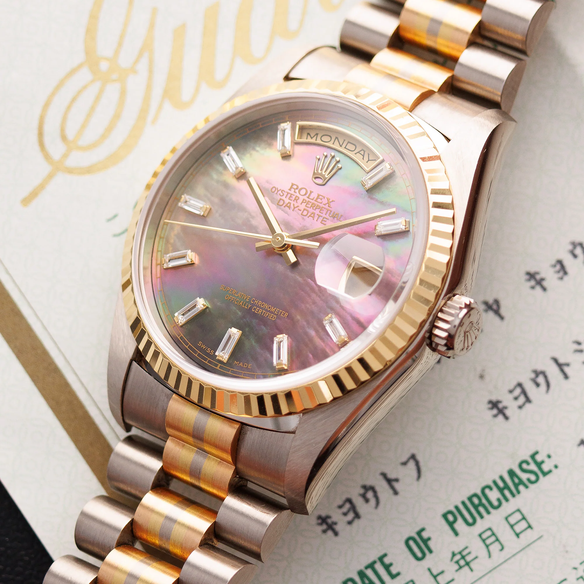 Rolex Tridor Day-Date Ref. 18239 with Mother of Pearl and Baguette Diamond Dial - Image 2