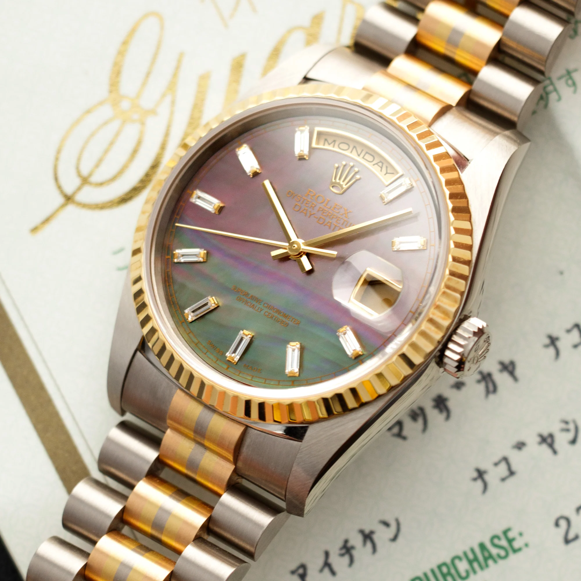 Rolex Tridor Day-Date Ref. 18239 with Mother of Pearl and Baguette Diamond Dial - Image 2