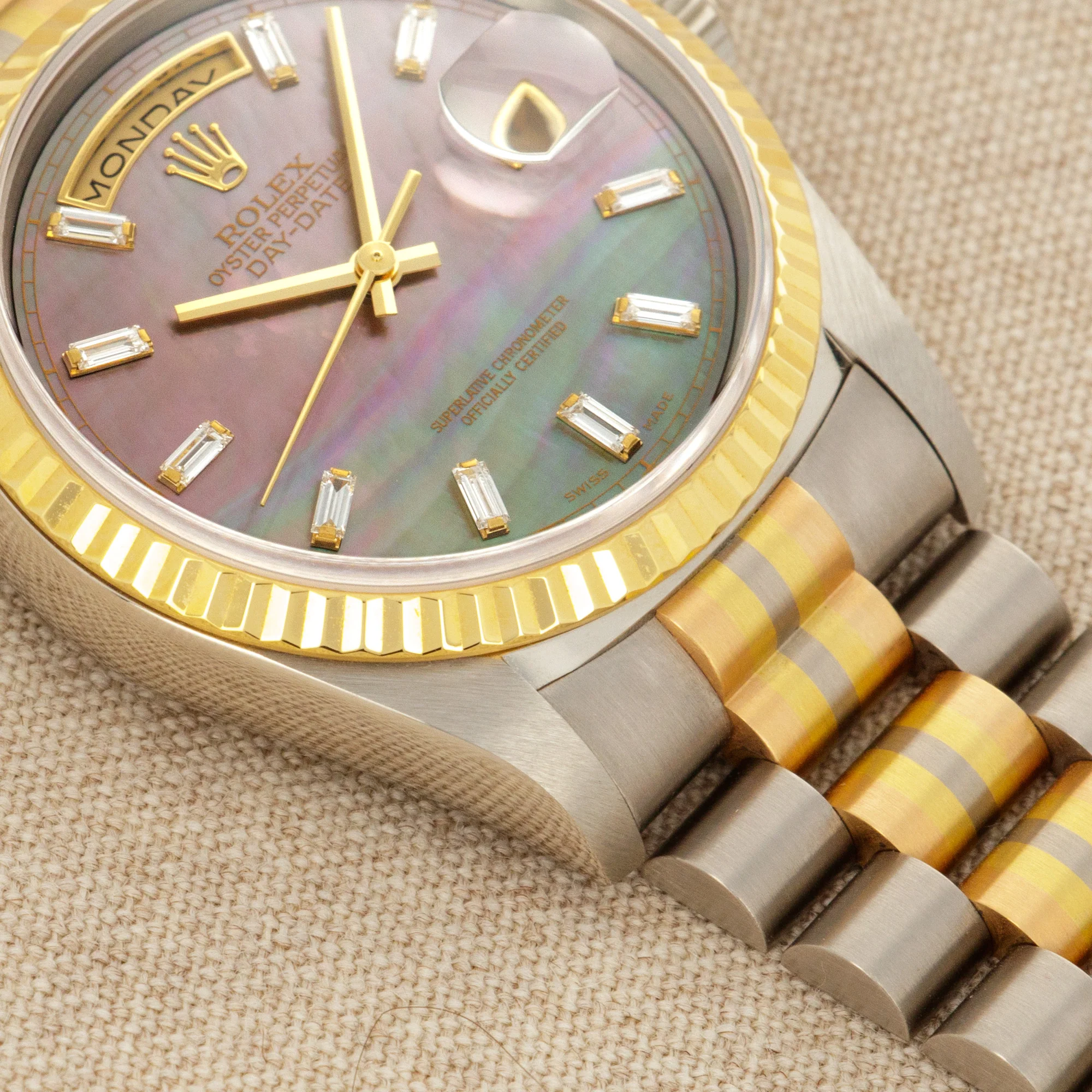 Rolex Tridor Day-Date Ref. 18239 with Mother of Pearl and Baguette Diamond Dial - Image 3