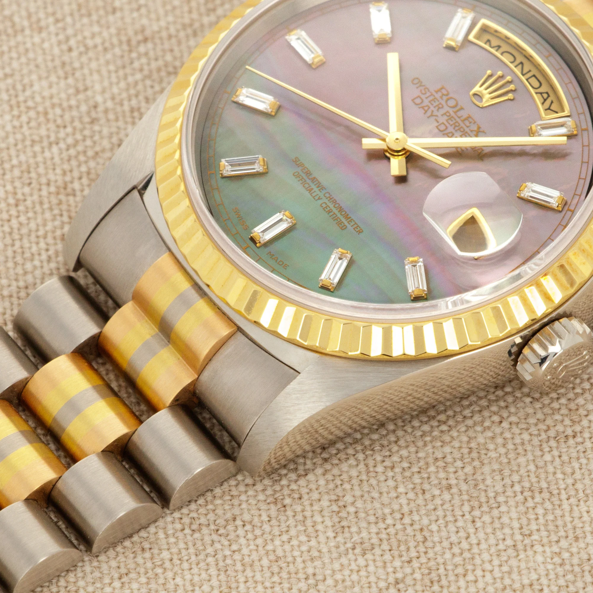 Rolex Tridor Day-Date Ref. 18239 with Mother of Pearl and Baguette Diamond Dial - Image 4