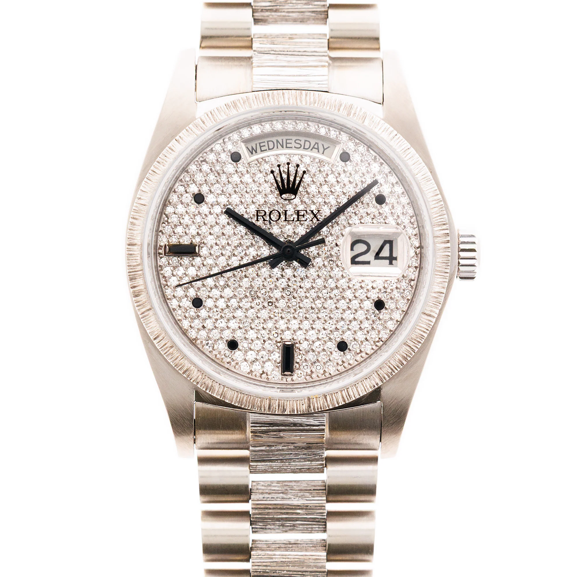 Rolex White Gold Day-Date Bark Pave Diamond Watch Ref. 18079