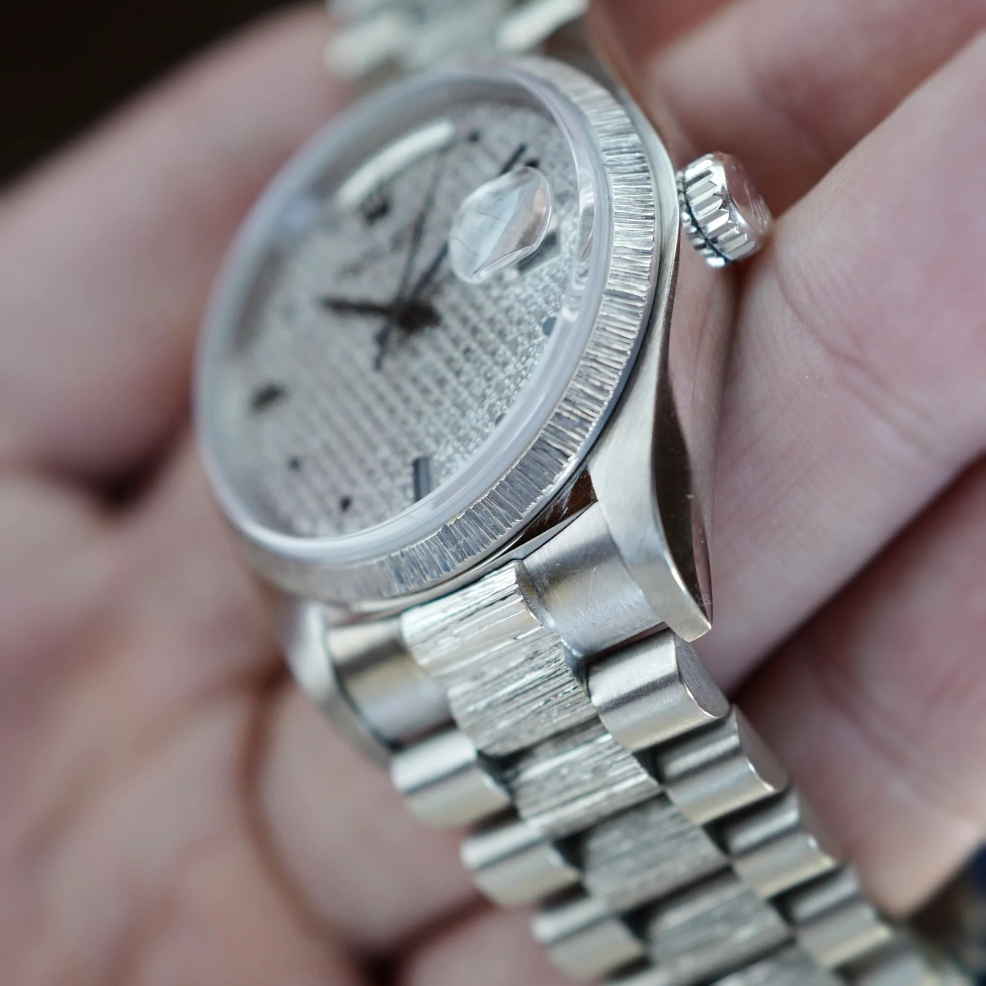 Rolex White Gold Day-Date Bark Pave Diamond Watch Ref. 18079 - Image 3