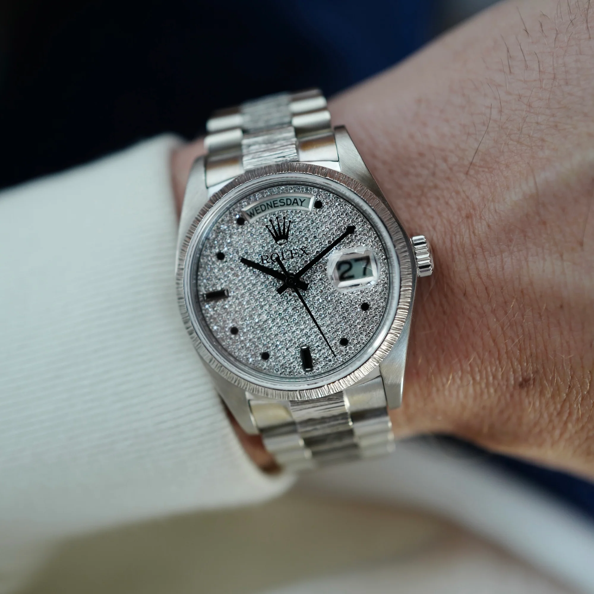 Rolex White Gold Day-Date Bark Pave Diamond Watch Ref. 18079 - Image 7