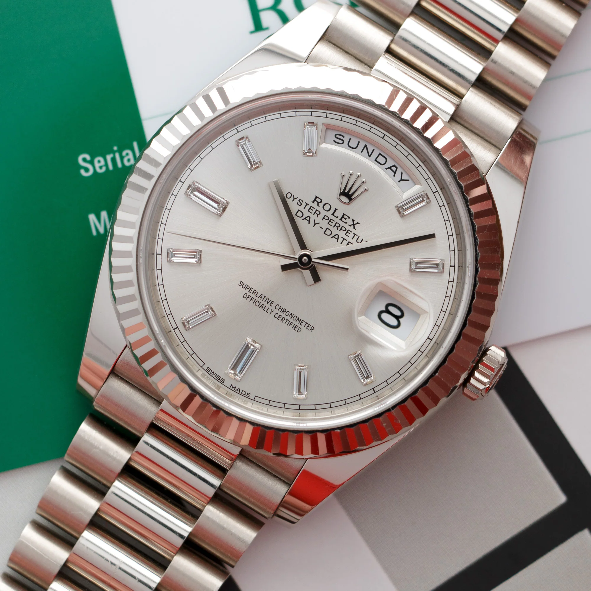 Rolex White Gold Day-Date Ref. 228239 with Factory Baguette Diamond Dial - Image 2