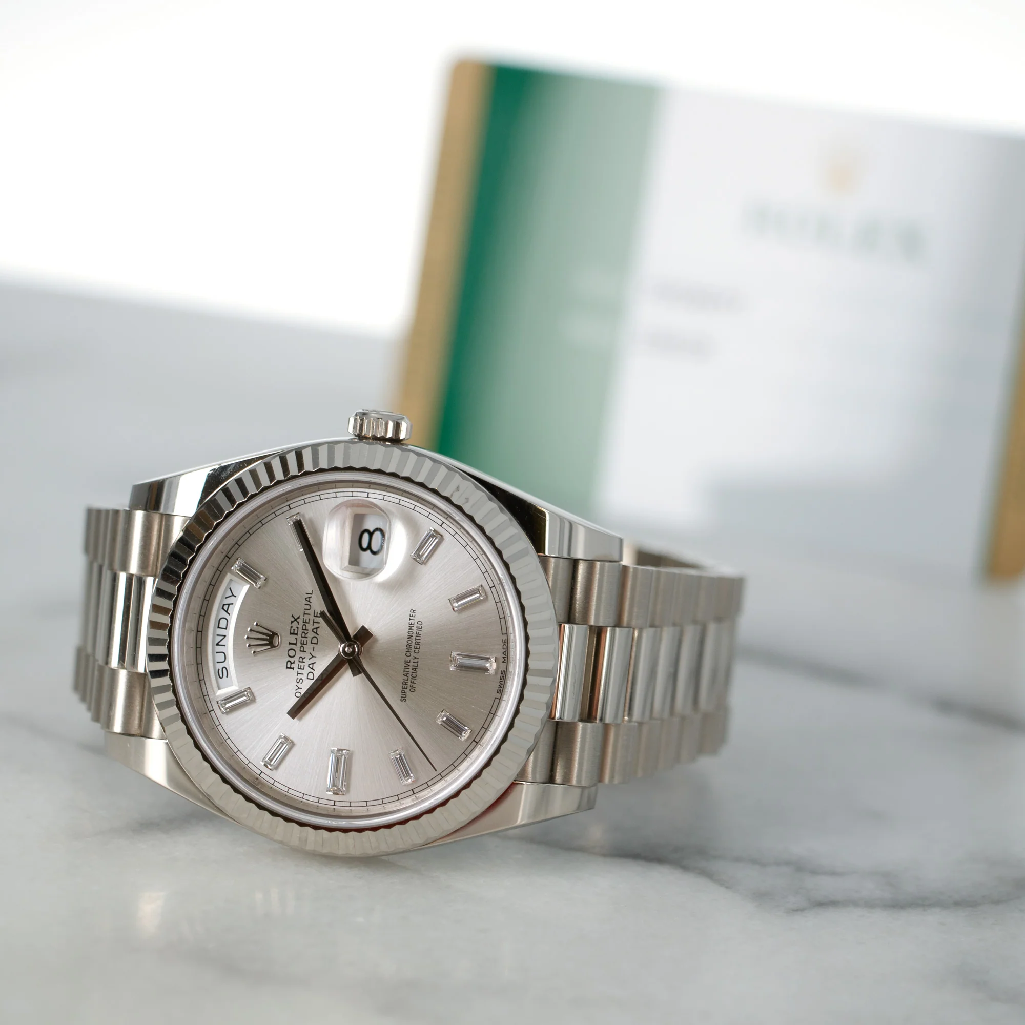Rolex White Gold Day-Date Ref. 228239 with Factory Baguette Diamond Dial - Image 9