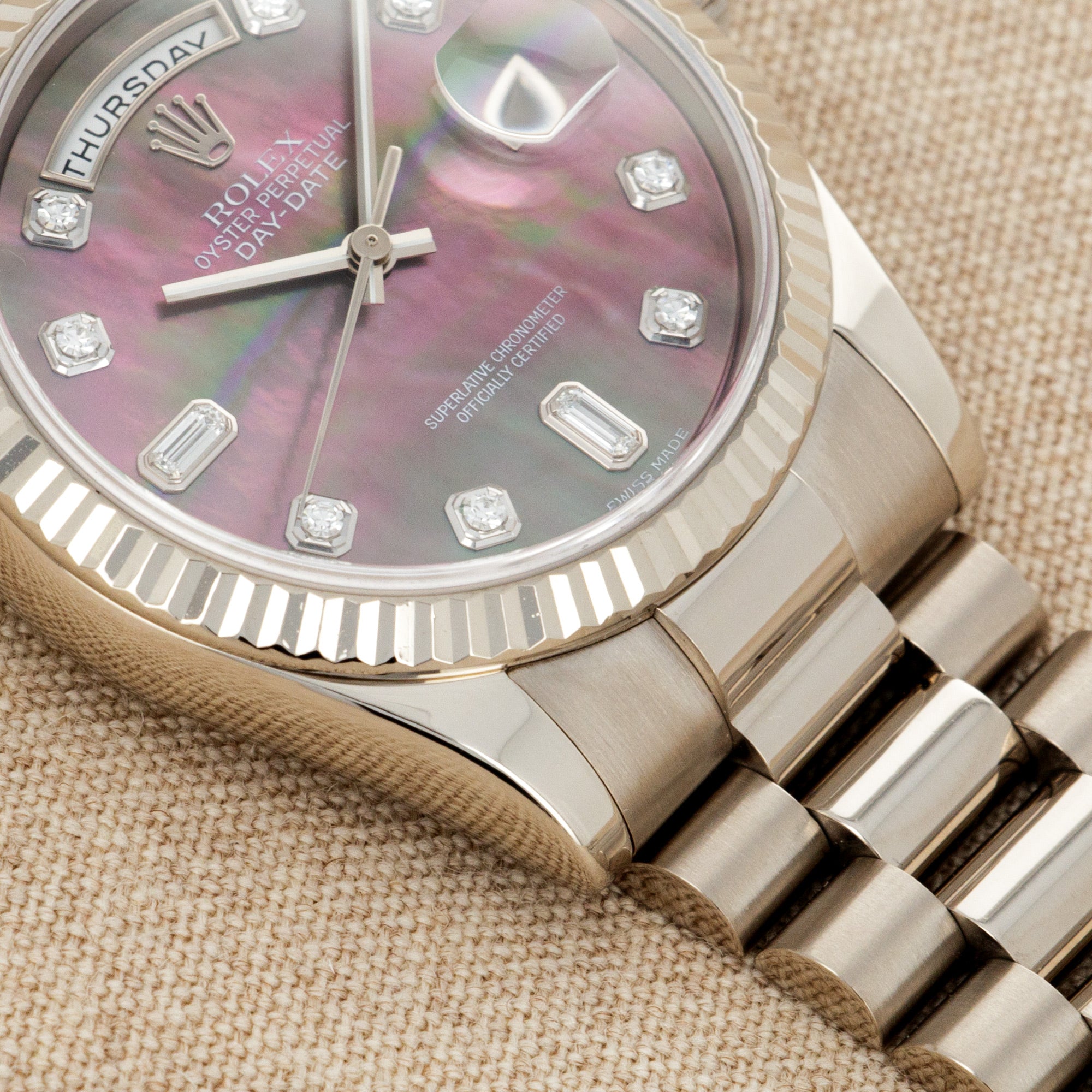 Rolex White Gold Day-Date Watch Ref. 118239 with Mother of Pearl and Diamond Dial - Image 3