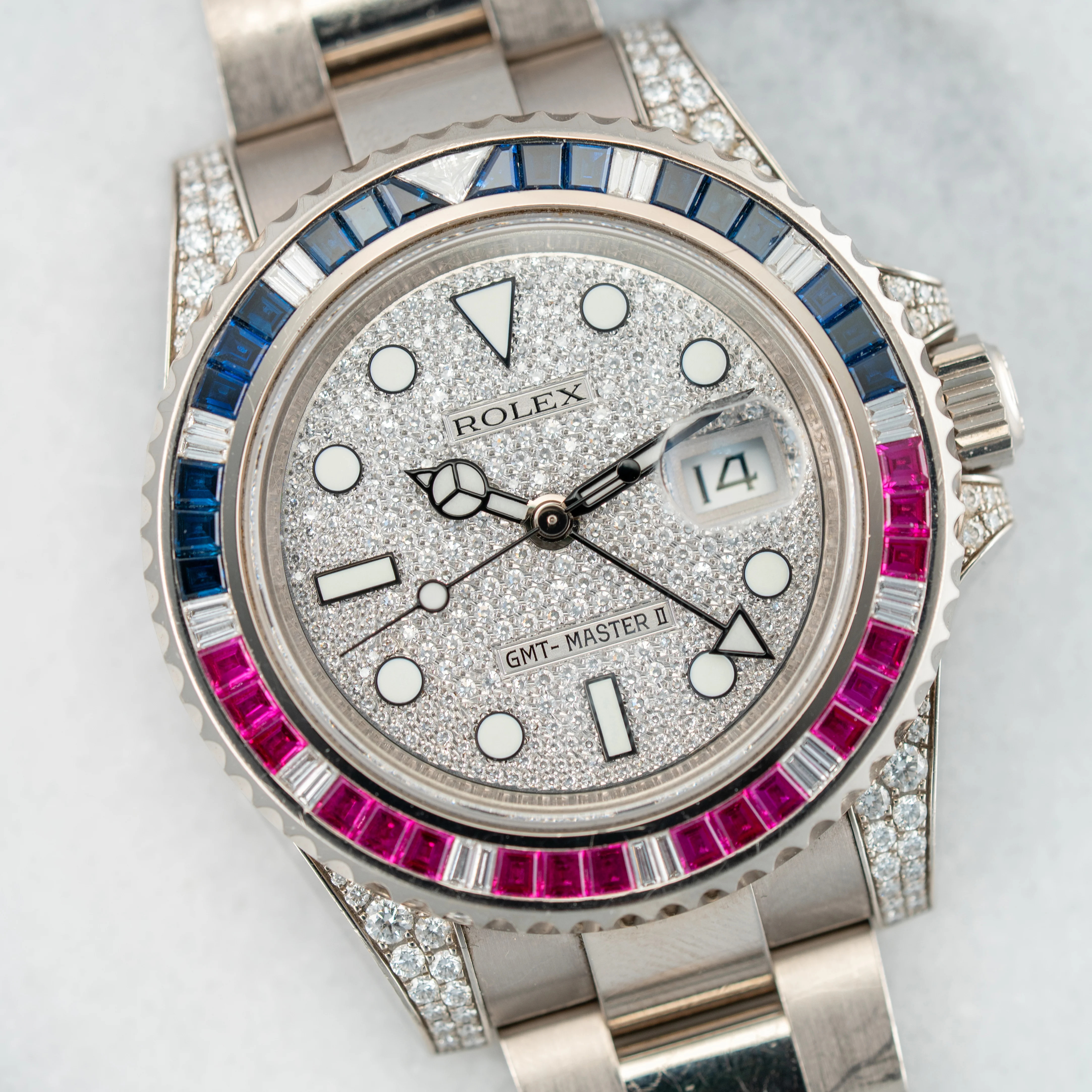 Rolex White Gold GMT Master II Ref. 116759SARU Sapphire and Ruby Bezel with Pave Diamond Dial and Card (New Arrival) - Image 2