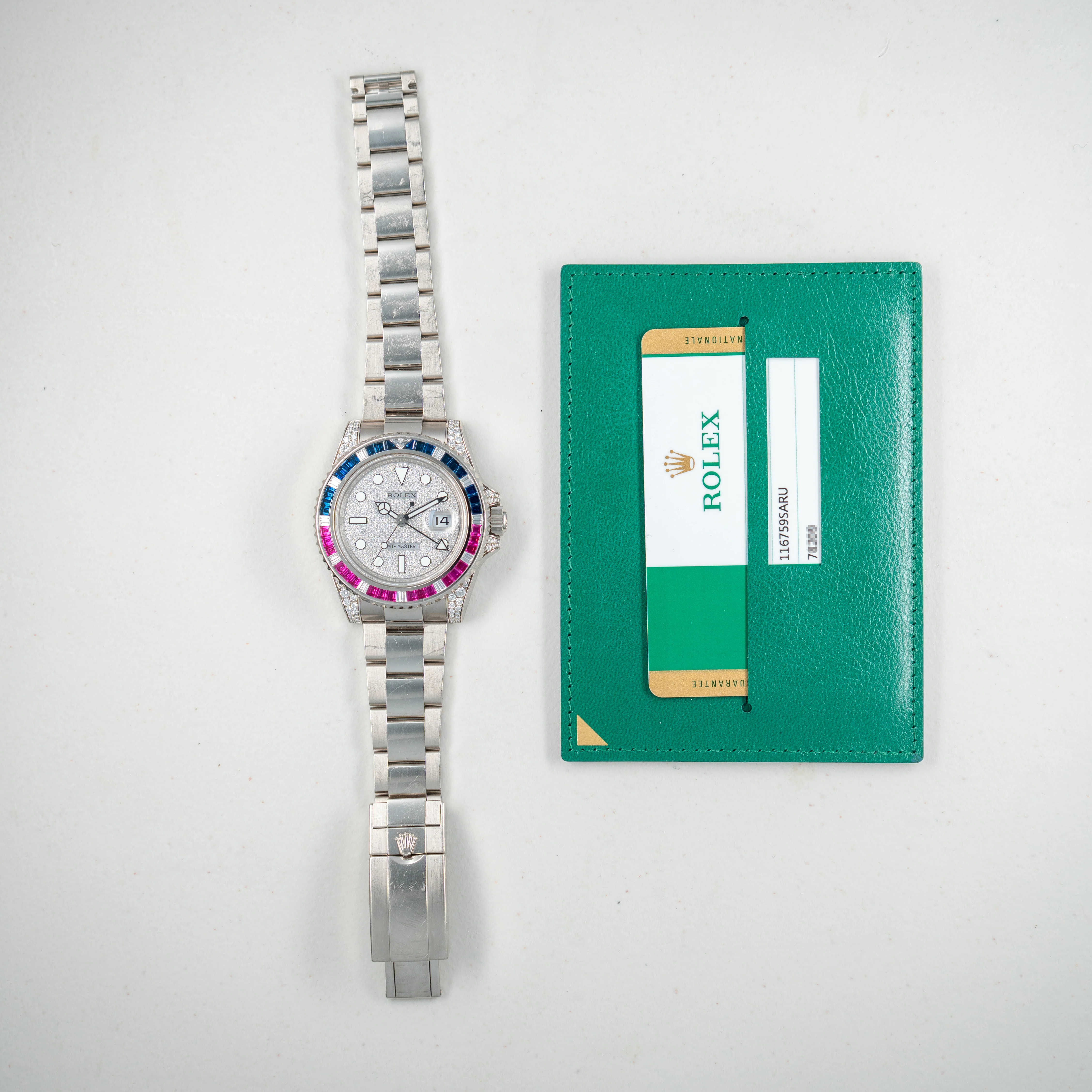 Rolex White Gold GMT Master II Ref. 116759SARU Sapphire and Ruby Bezel with Pave Diamond Dial and Card (New Arrival) - Image 6
