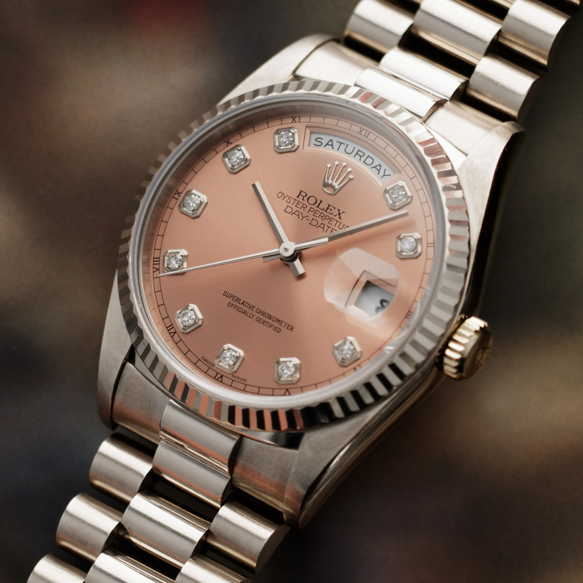 Rolex White Gold Salmon Diamond Day-Date Watch Ref. 18239 - Image 2
