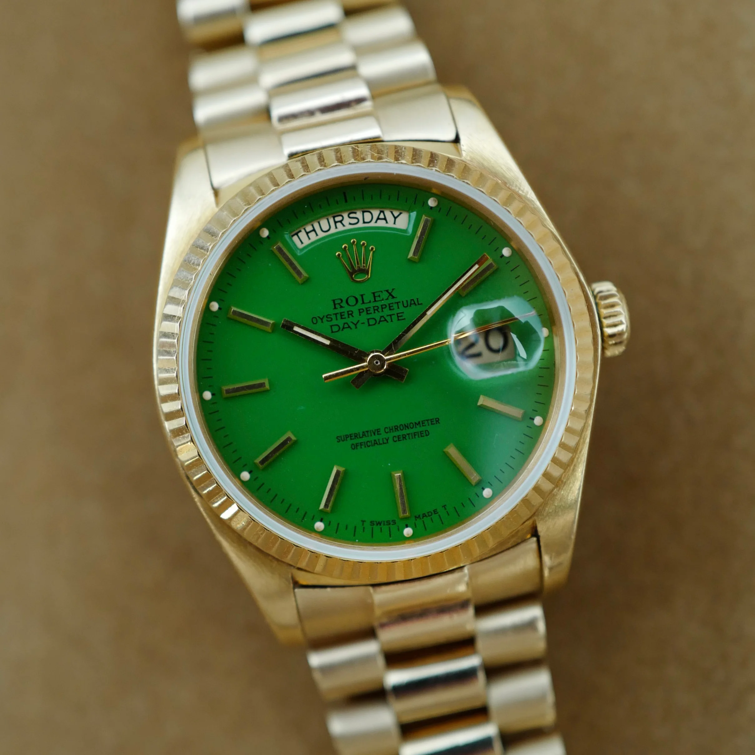 Rolex Yellow Gold Day-Date Green Stella Watch Ref. 18038 - Image 2
