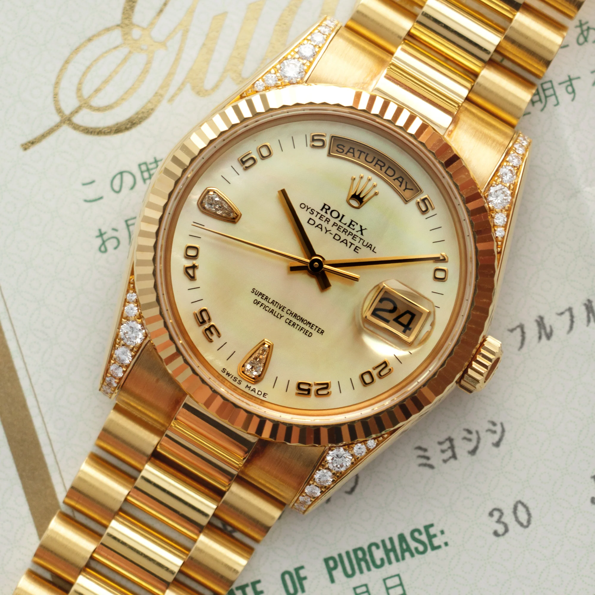 Rolex Yellow Gold Day-Date Mother of Pearl Diamond Ref. 118338 - Image 2