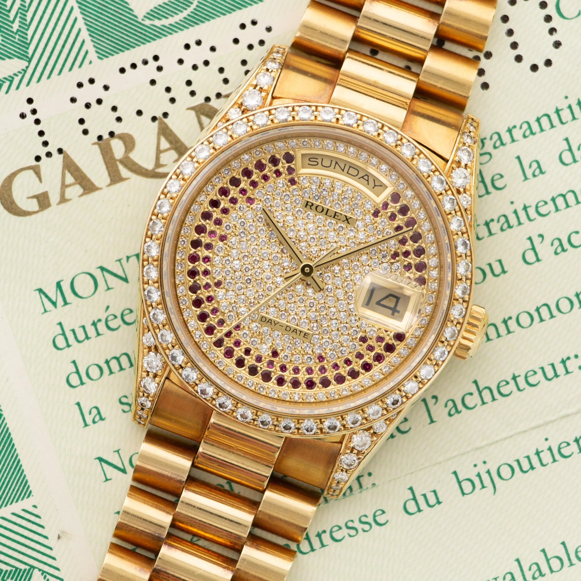 Rolex Yellow Gold Day-Date Pave Diamond & Ruby Watch Ref. 18388 - Image 2